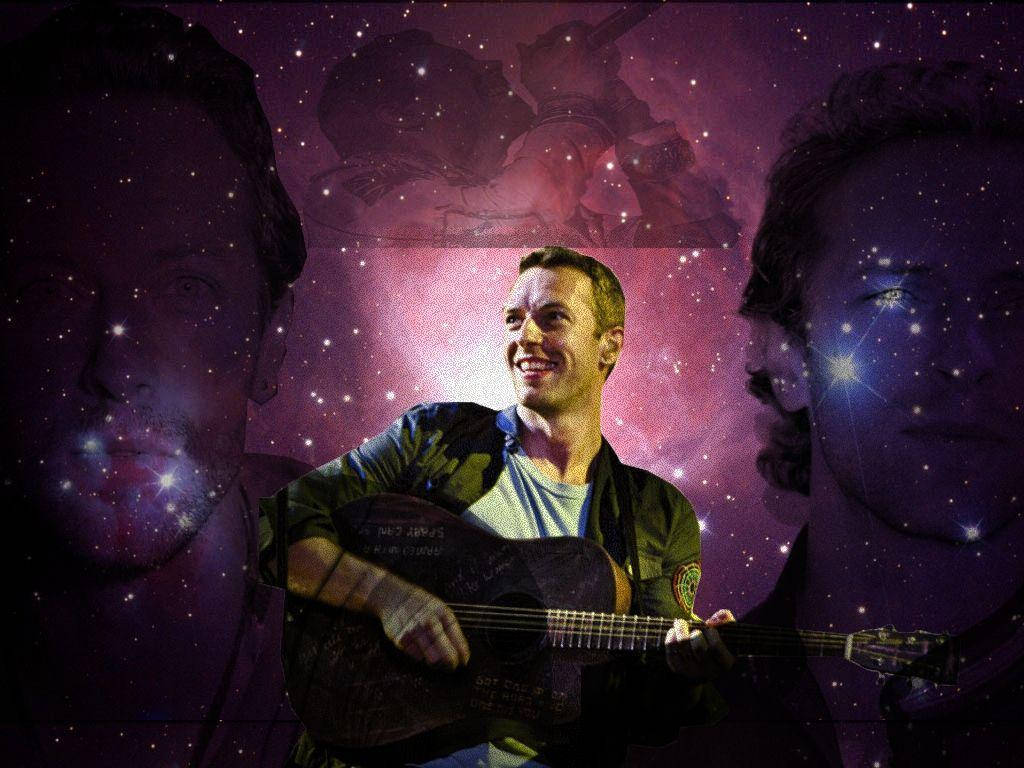 Chris Martin, guitar, cosmic backdrop, SD Desktop Wallpaper