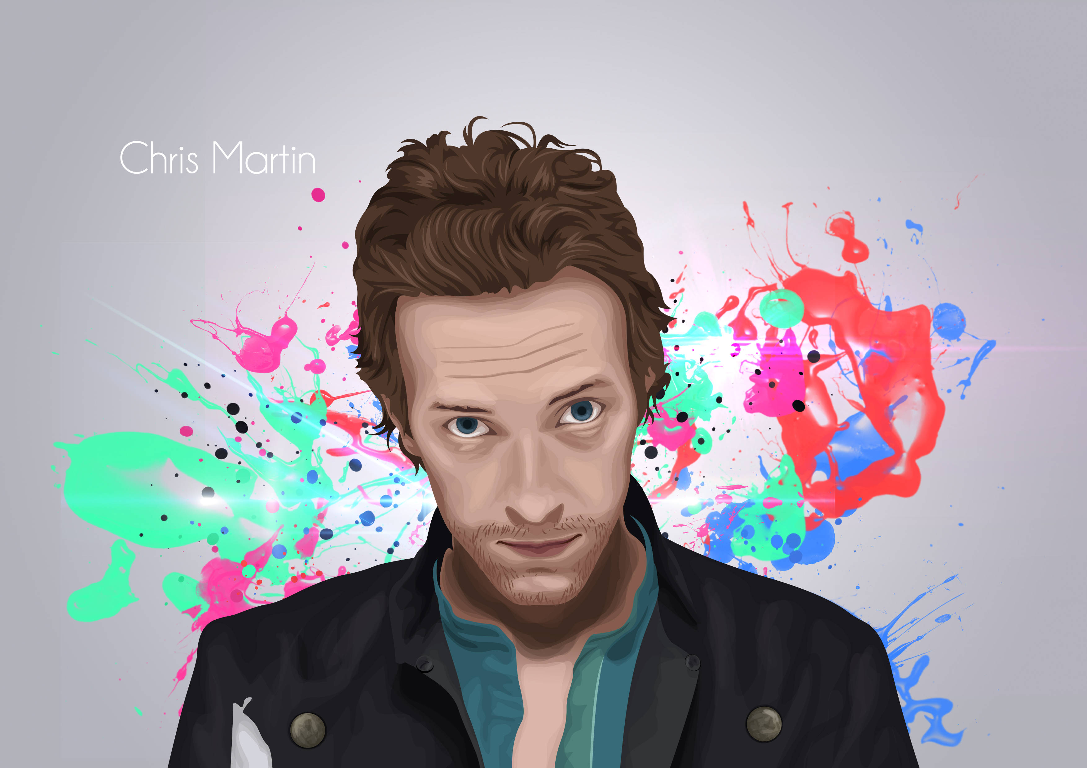 Chris Martin, vibrant paint splatters, soft gray background, 2K Desktop Wallpaper