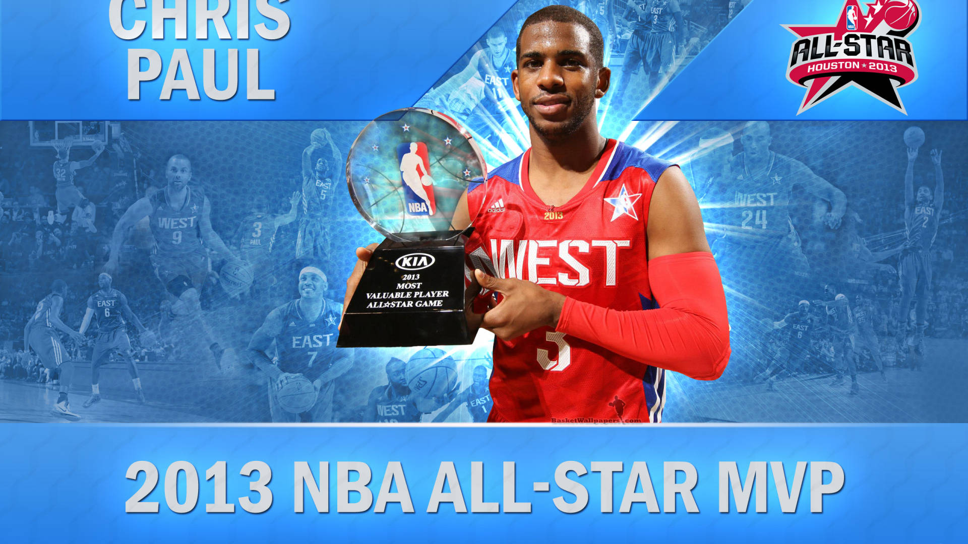 Chris Paul, red All-Star jersey, 2013 NBA MVP trophy, Full HD Desktop Wallpaper