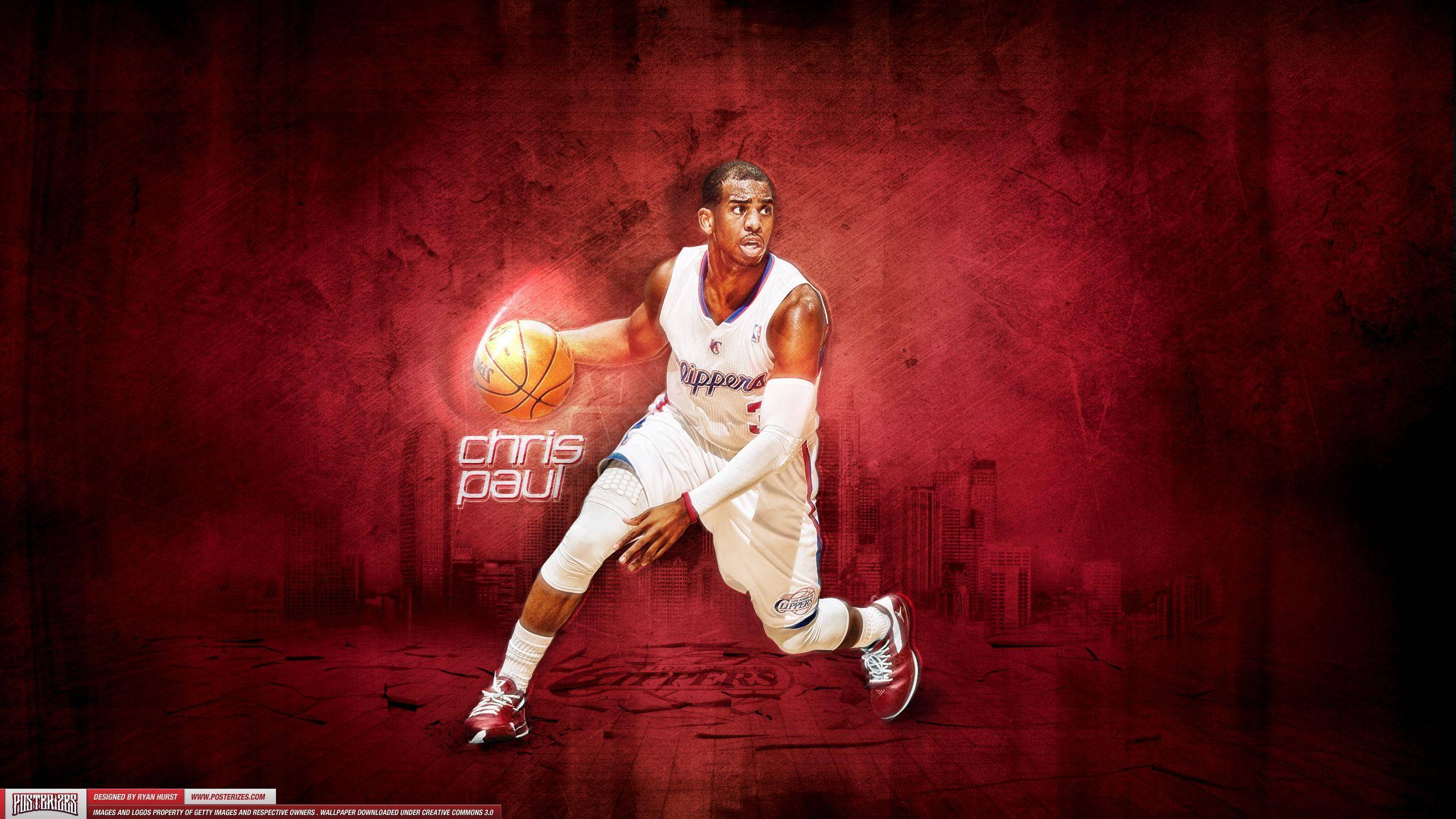 Chris Paul, white Clippers uniform, dribbling a ball, 2K Desktop Wallpaper