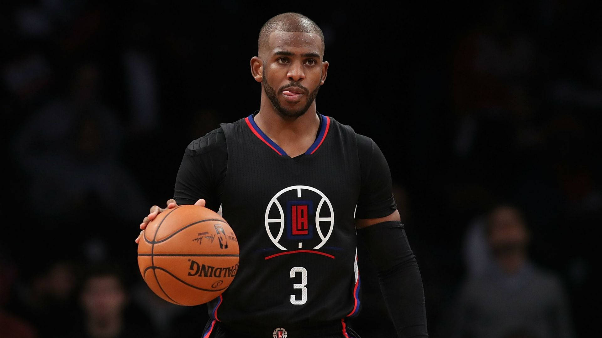Chris Paul, orange Spalding ball, black LA Clippers jersey, Full HD Desktop Wallpaper