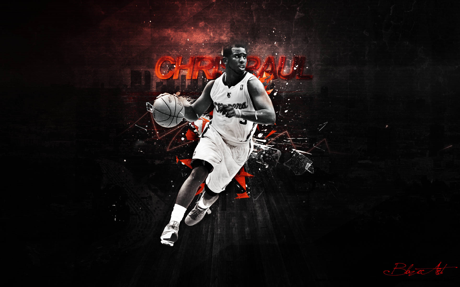 Chris Paul, splattered red name, fiery red energy bursts, Full HD Desktop Wallpaper