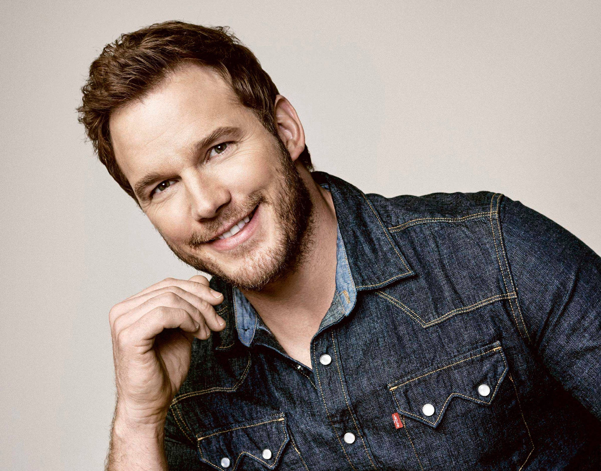 Chris Pratt, denim shirt, beard, Full HD Desktop Wallpaper