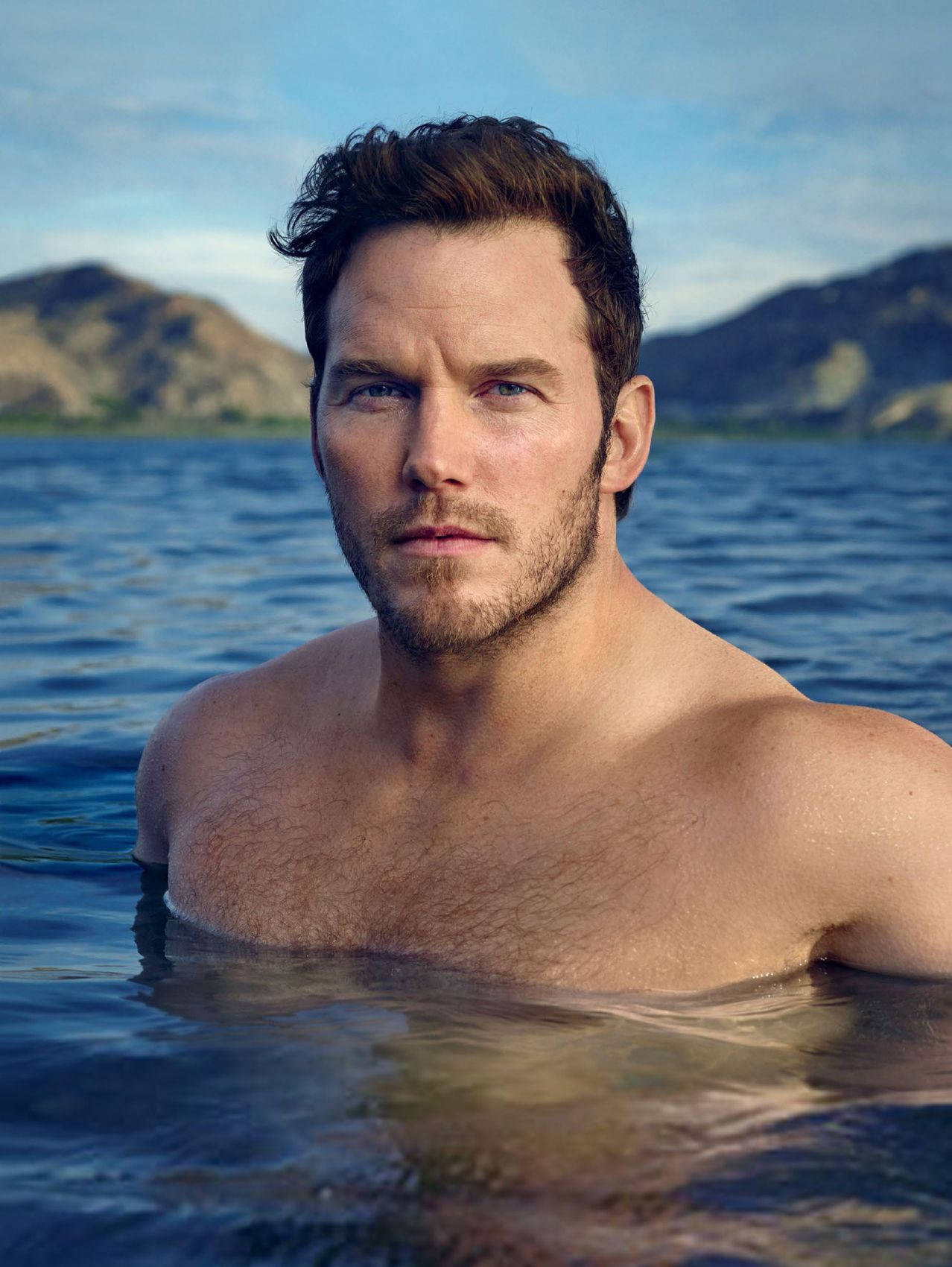 Chris Pratt, blue lake, distant mountains, HD Phone Wallpaper