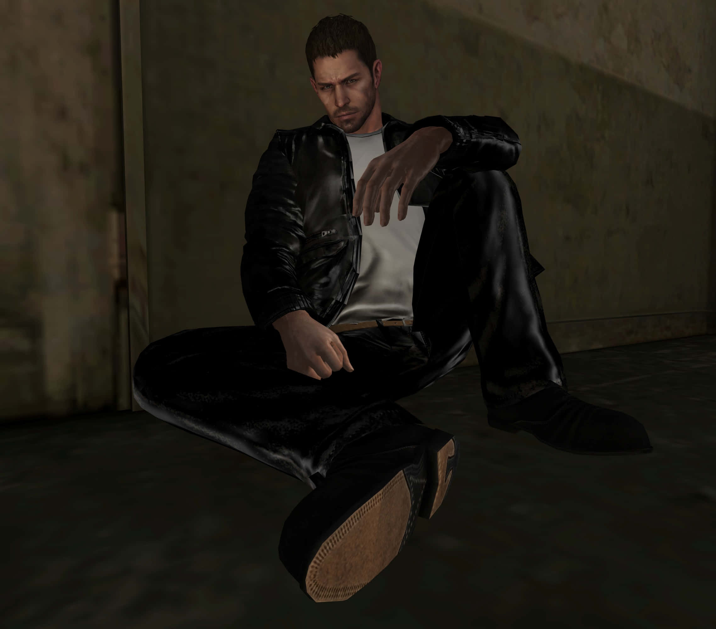 Chris Redfield, black leather jacket, grimy wall, Full HD Desktop Wallpaper