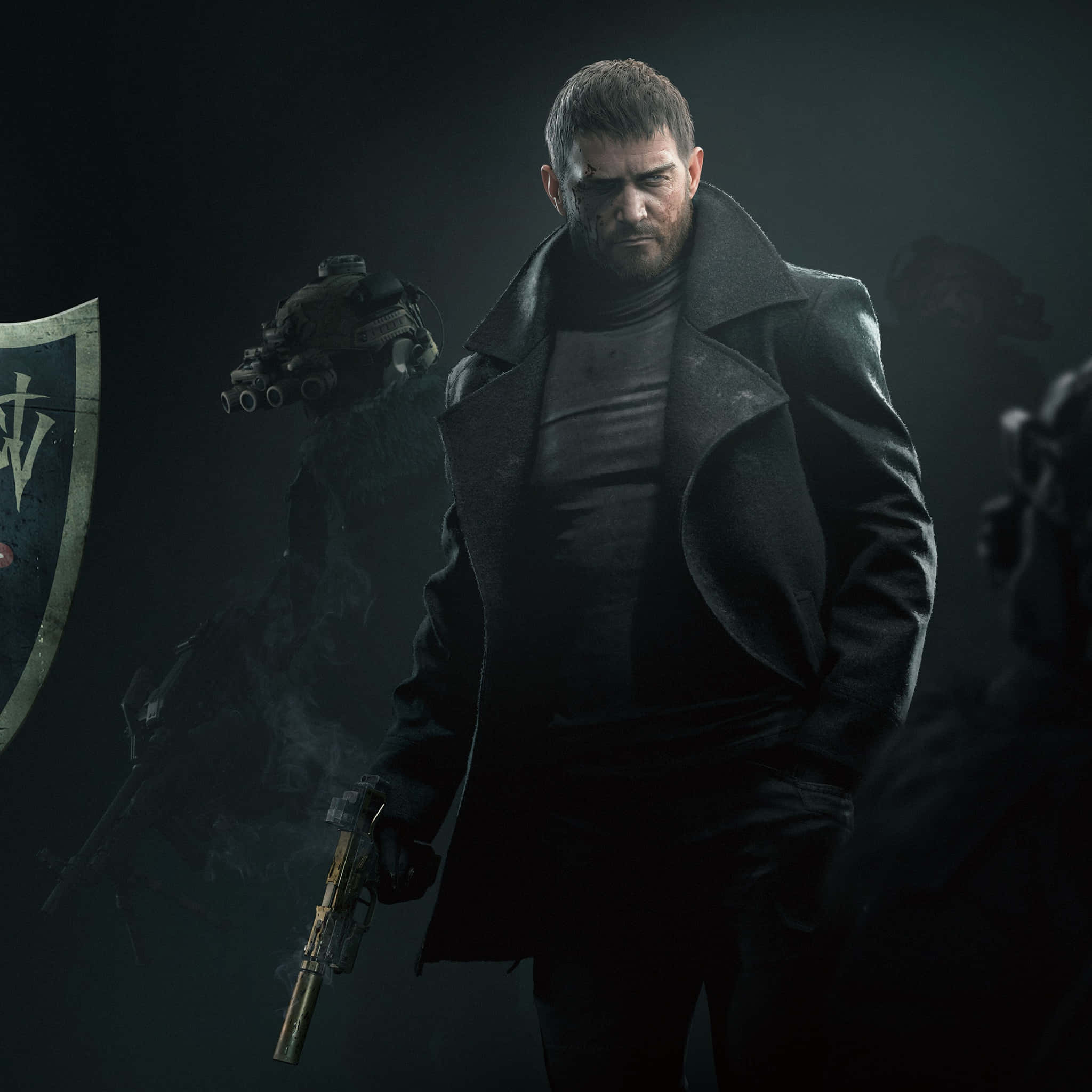 Chris Redfield, dark coat, smoking pistol, Full HD Desktop Wallpaper