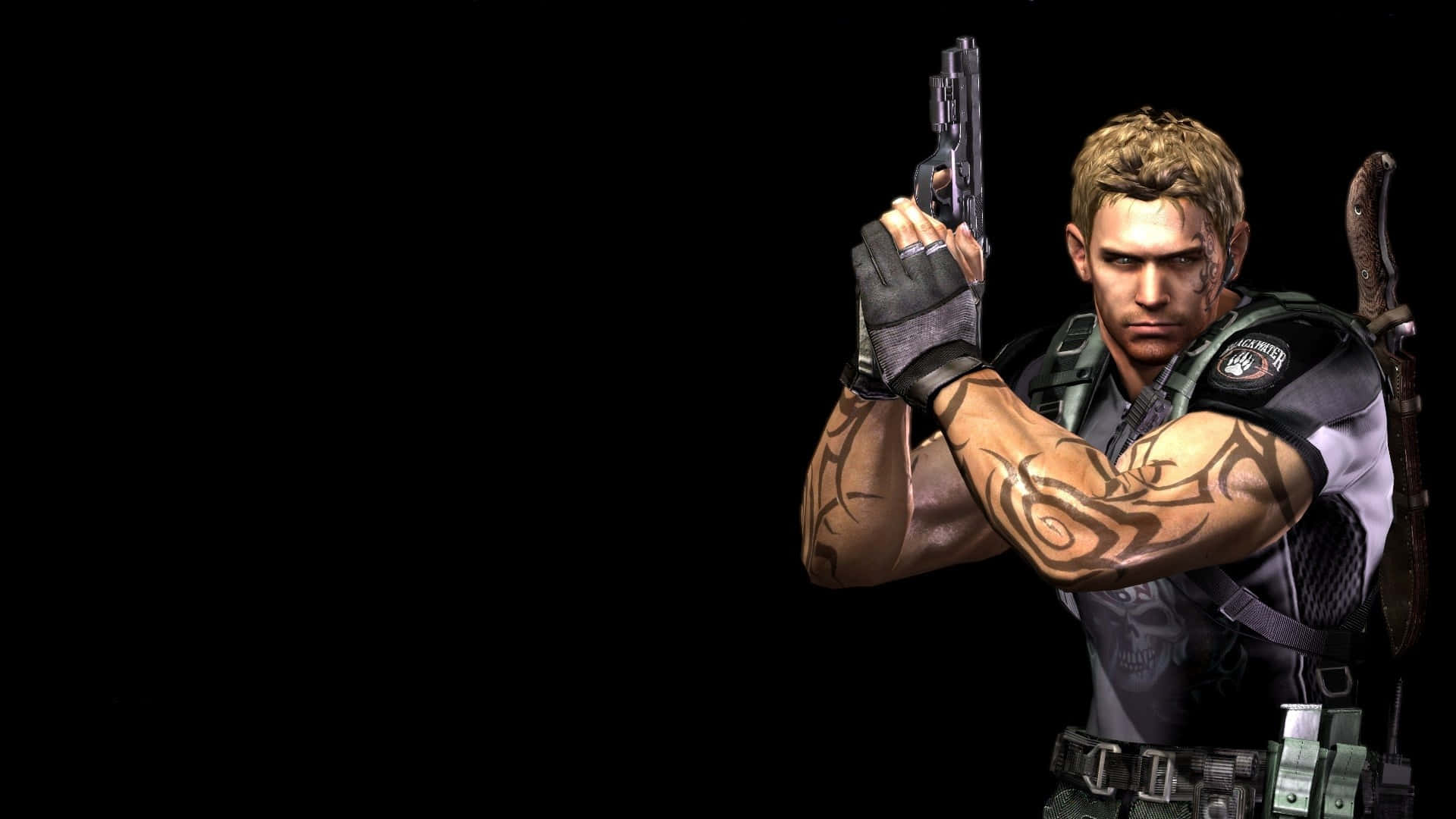 Chris Redfield, tribal tattoos, pistol, Full HD Desktop Wallpaper