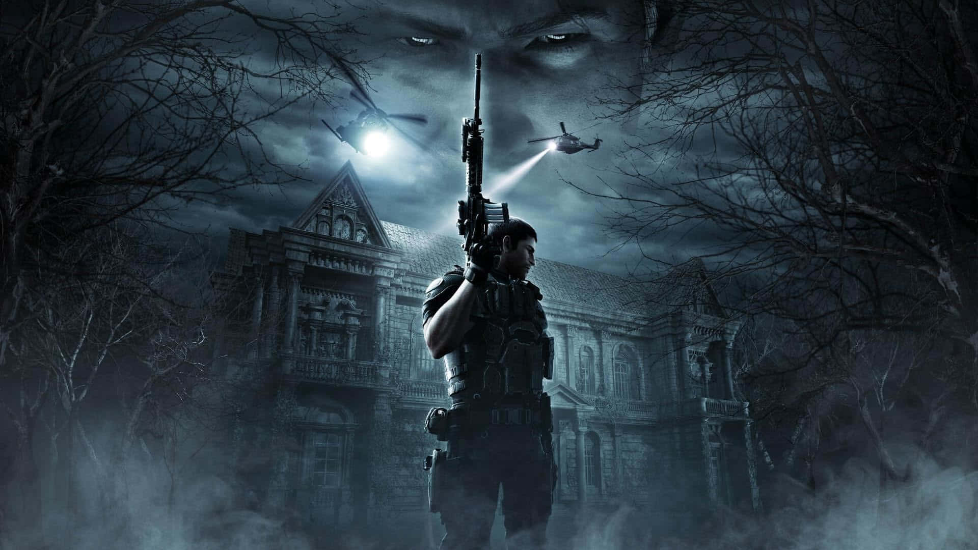 Chris Redfield, haunted mansion, moonlit sky, Full HD Desktop Wallpaper