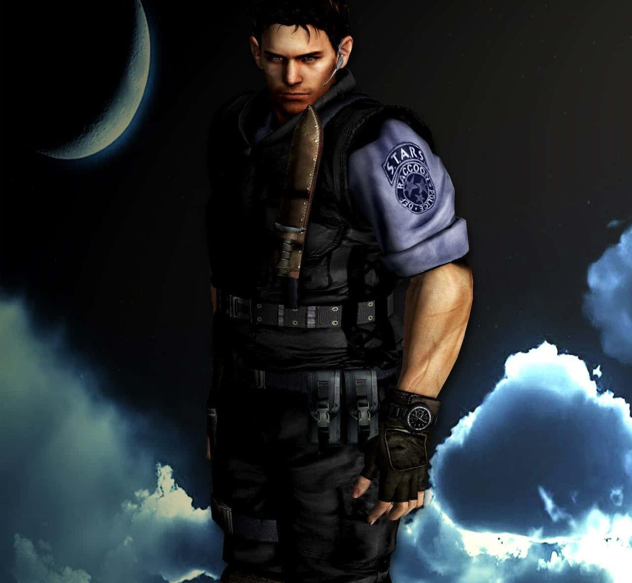 Chris Redfield, tactical gear, crescent moon, HD Desktop Wallpaper