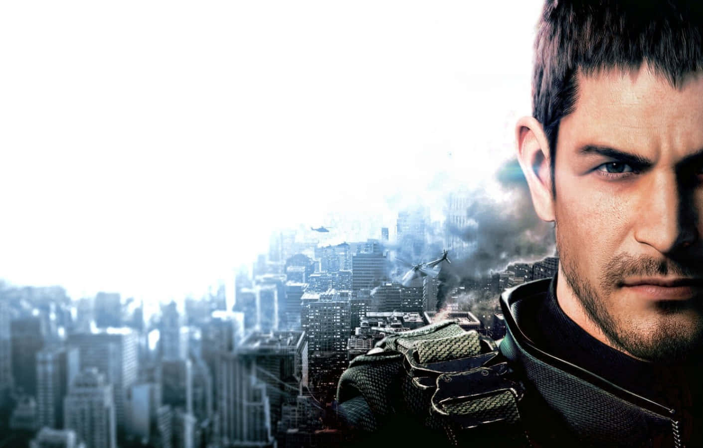 Chris Redfield, tactical gear, smoky war-torn cityscape, HD Desktop Wallpaper