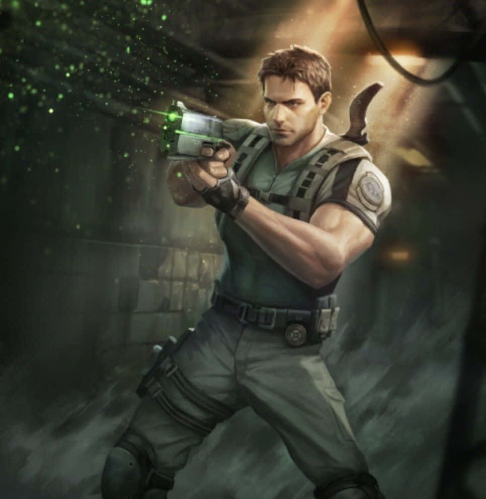 Chris Redfield, tactical gear, glowing green pistol, SD Phone Wallpaper