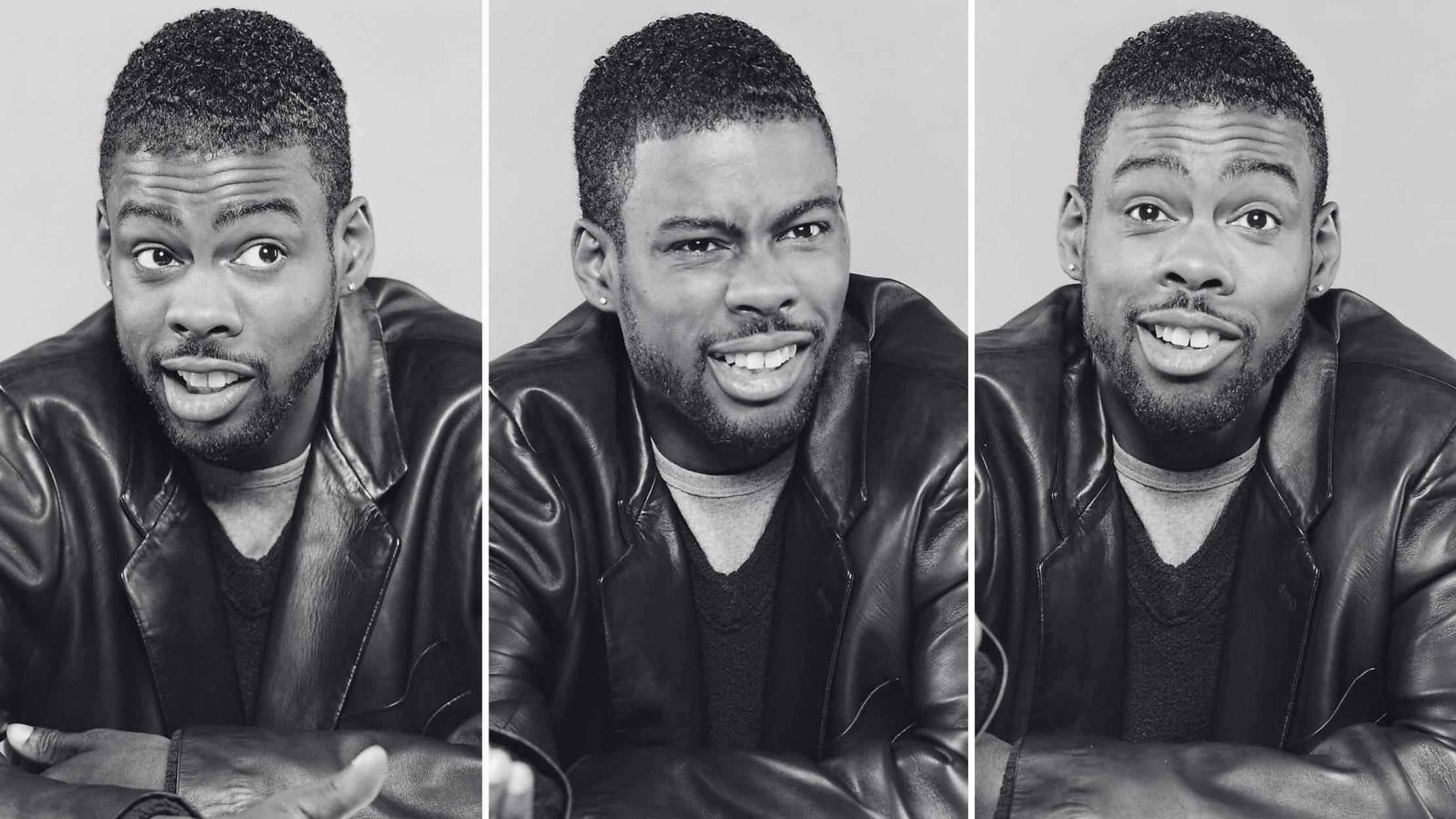 Chris Rock, black and white triptych portrait, leather jacket, Full HD Desktop Wallpaper