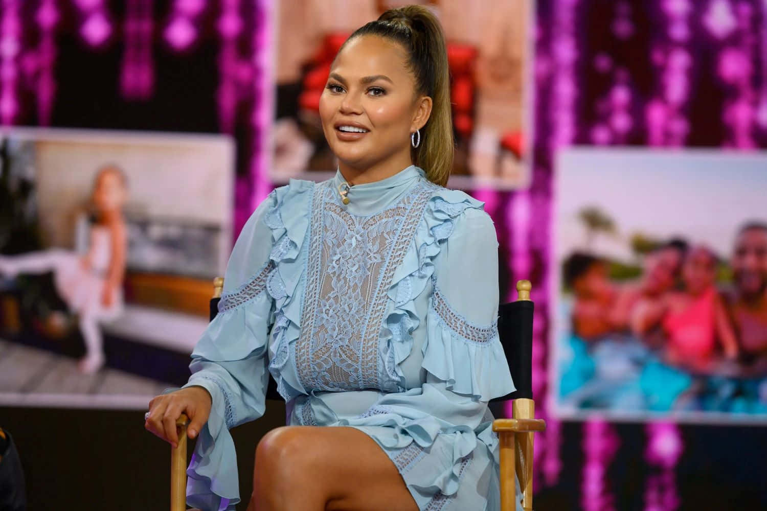 Chrissy Teigen, light blue ruffled lace dress, vibrant purple lit backdrop, HD Desktop Wallpaper
