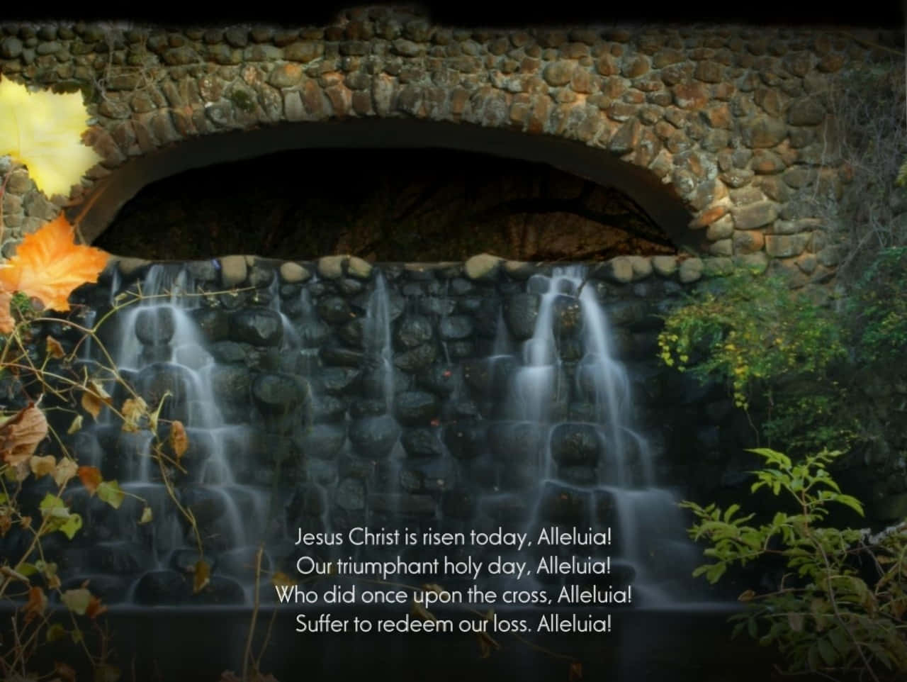 Christ Is Risen, stone arch bridge, cascading waterfall, HD Desktop Wallpaper