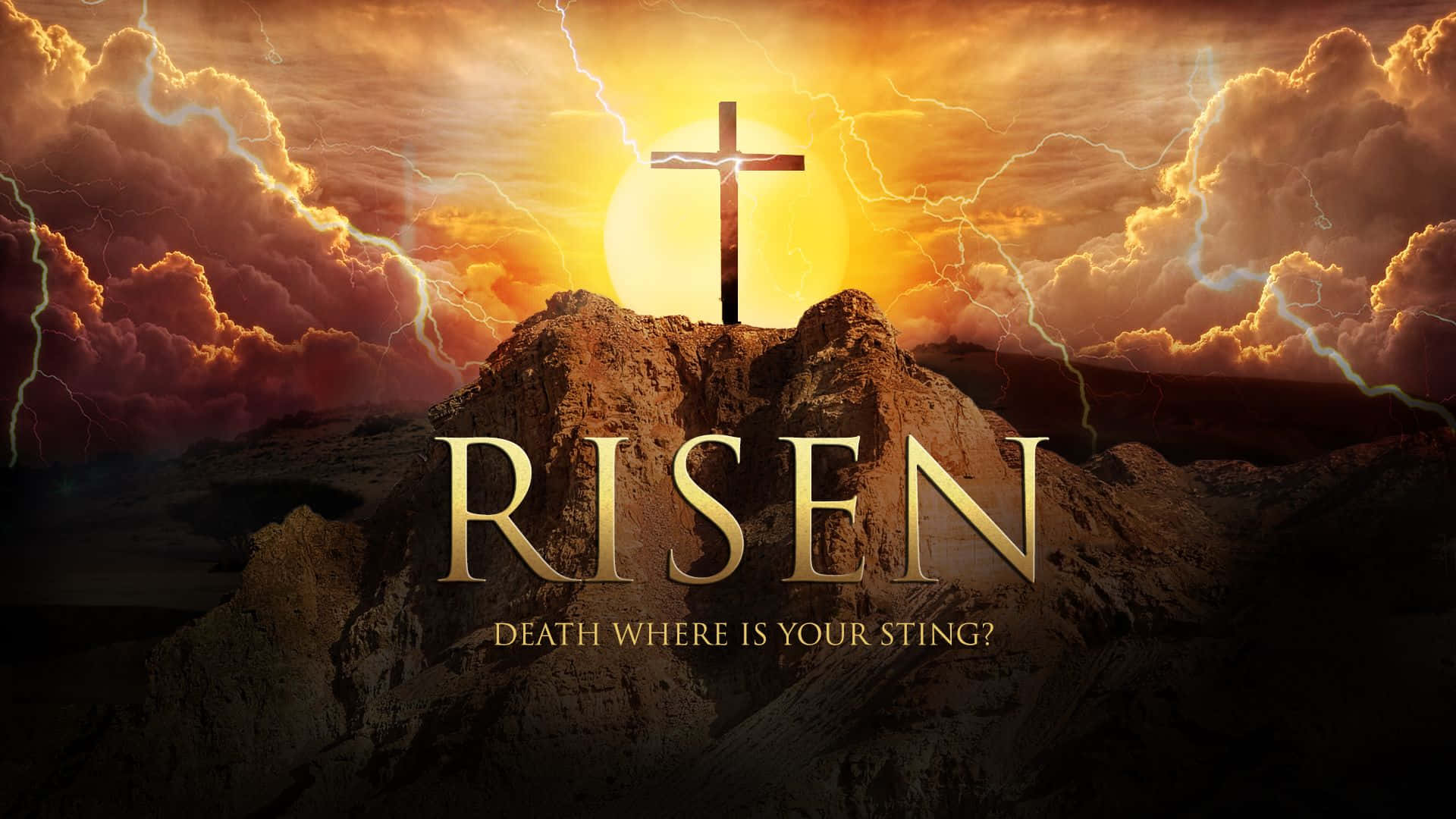 Christ Is Risen, golden cross, rocky mountain peak, Full HD Desktop Wallpaper