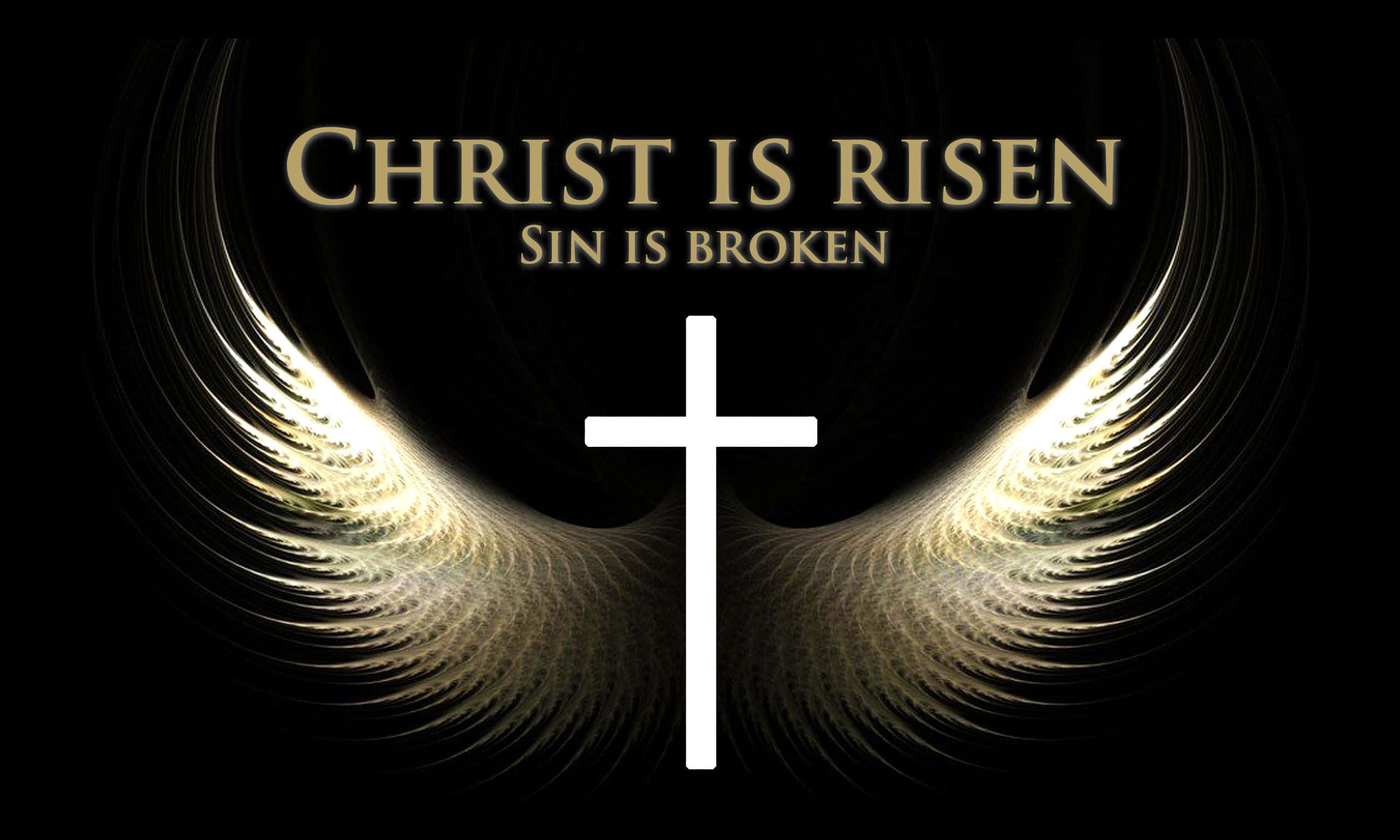 Christ Is Risen, white cross, radiant golden wings, 2K Desktop Wallpaper