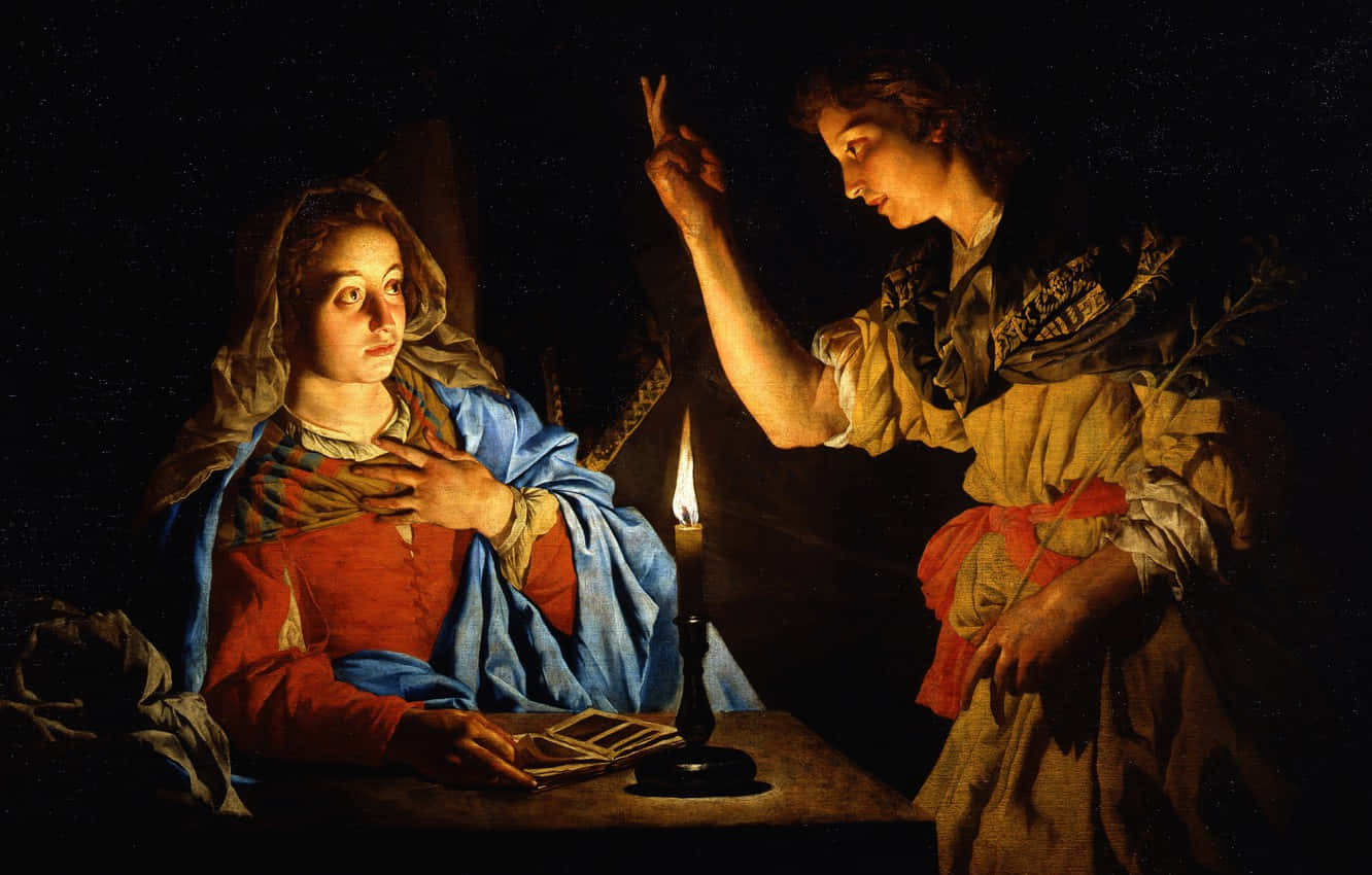 chiaroscuro painting, woman in red and blue, man gestures with a lit candle, HD Desktop Wallpaper