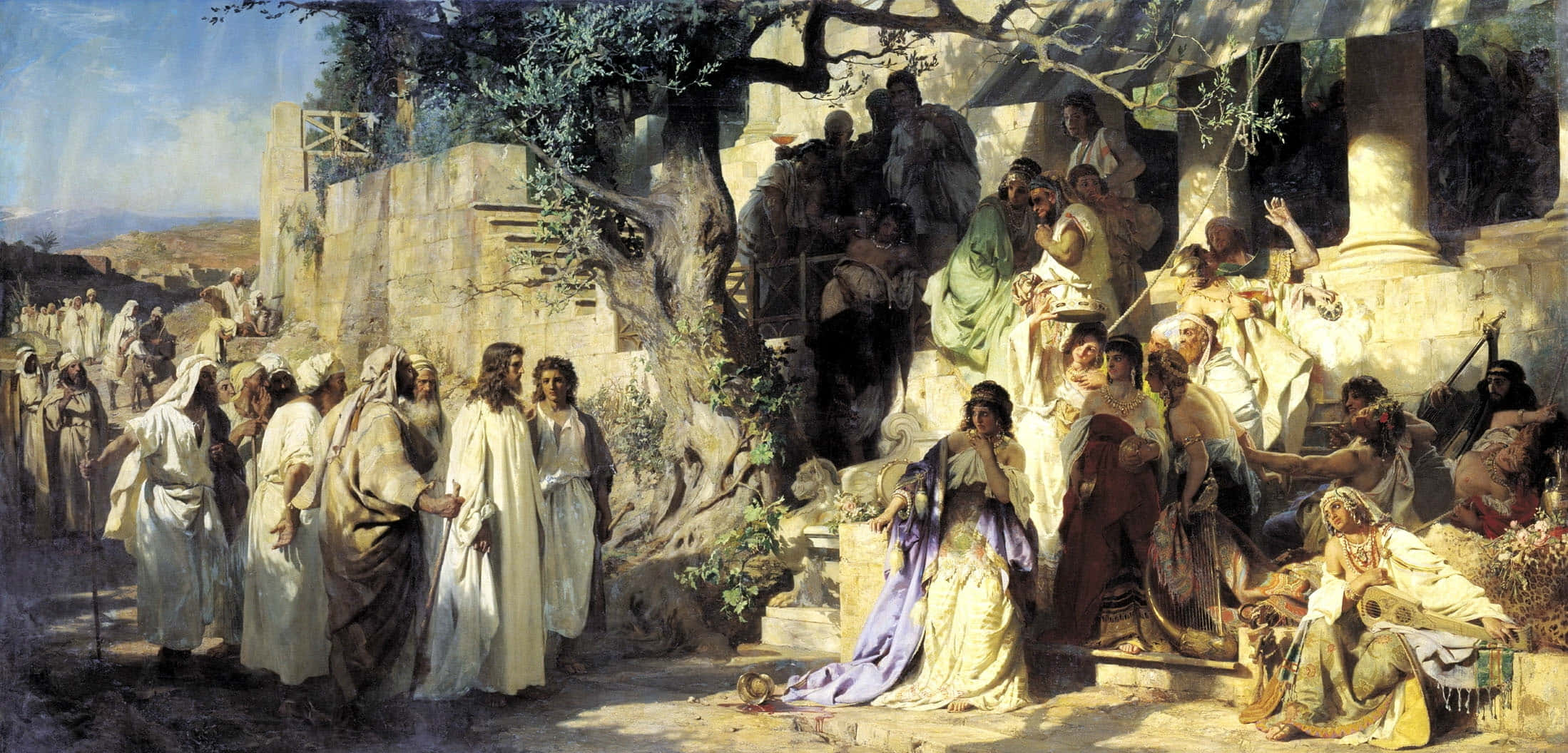 biblical scene, white robes, large tree, Full HD Desktop Wallpaper