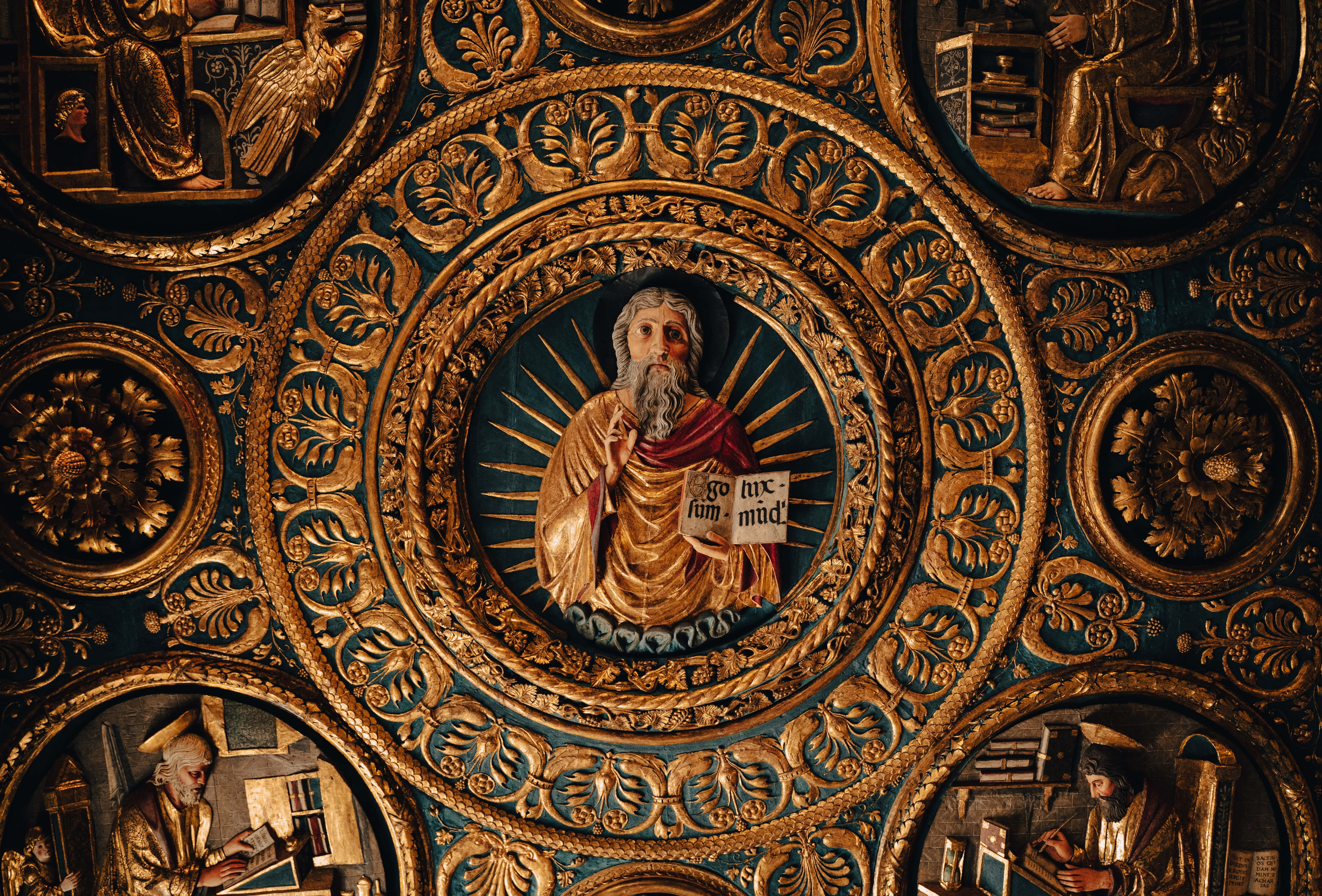 golden religious ceiling fresco, central bearded saint, scroll, 5K Desktop Wallpaper