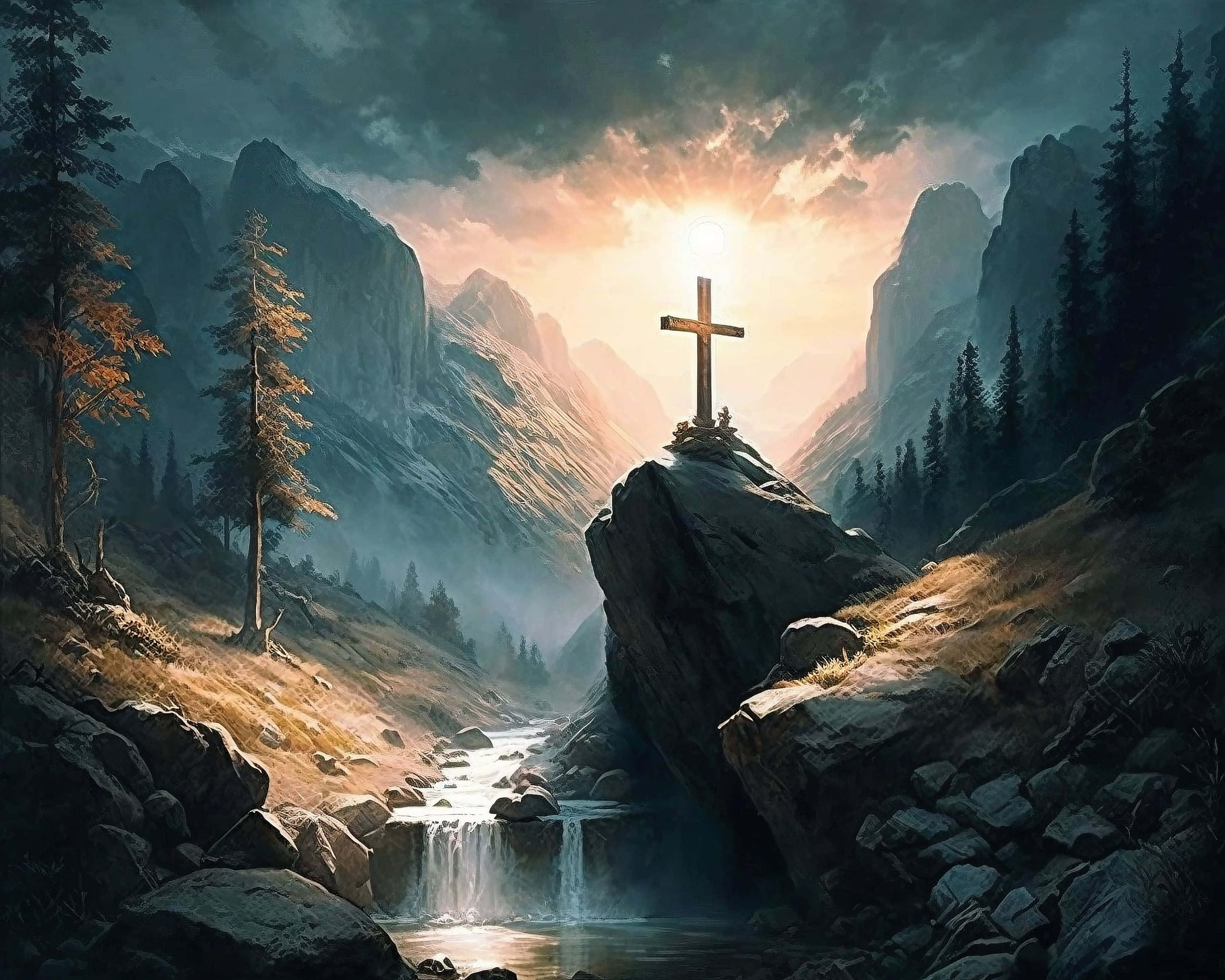 wooden cross, rocky outcrop, mountain valley, 2K Desktop Wallpaper