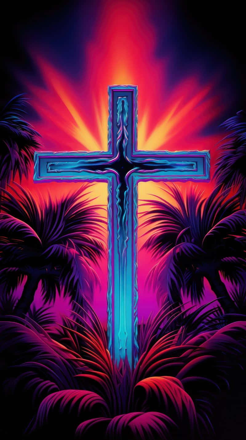 neon cross, tropical backdrop, glowing blue cross, HD Phone Wallpaper