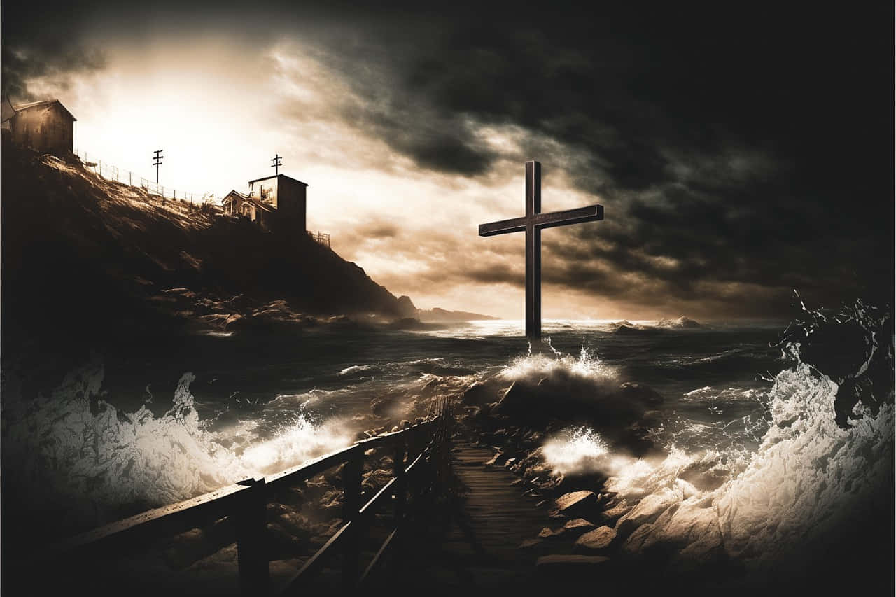Divine Tranquility, mosaic of Christian Art, weathered wooden cross, HD Desktop Wallpaper