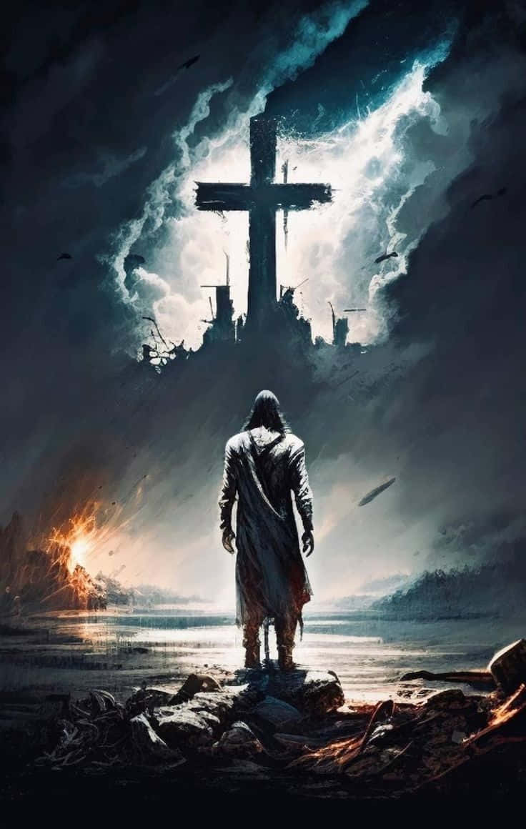 mystical cross, glowing cross, ruined city, SD Phone Wallpaper