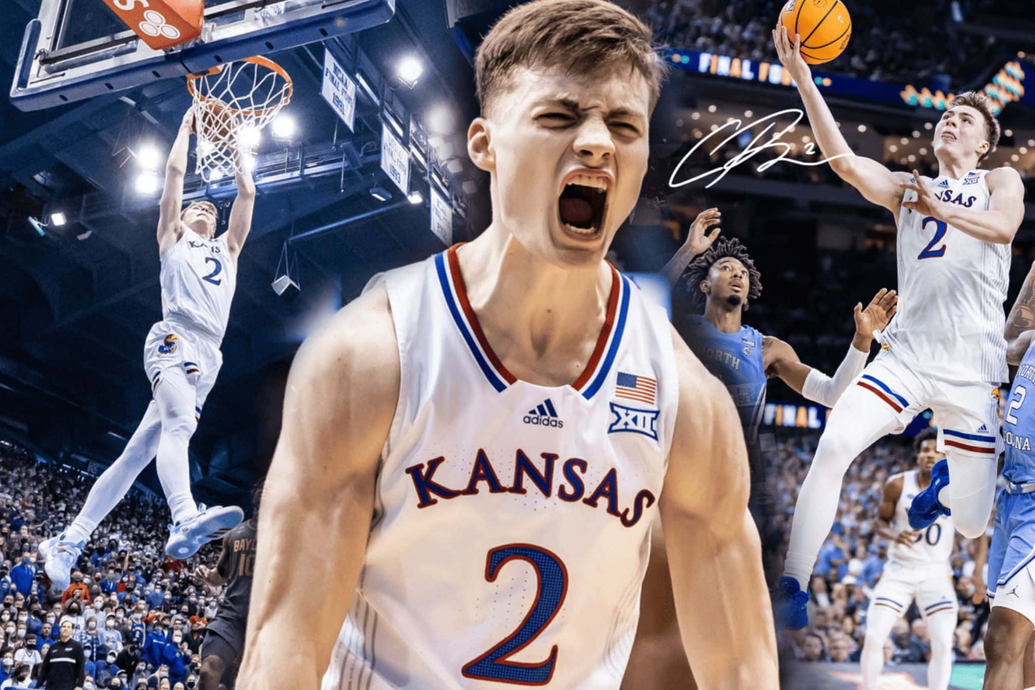 Christian Braun, Kansas basketball player, dunking, Full HD Desktop Wallpaper