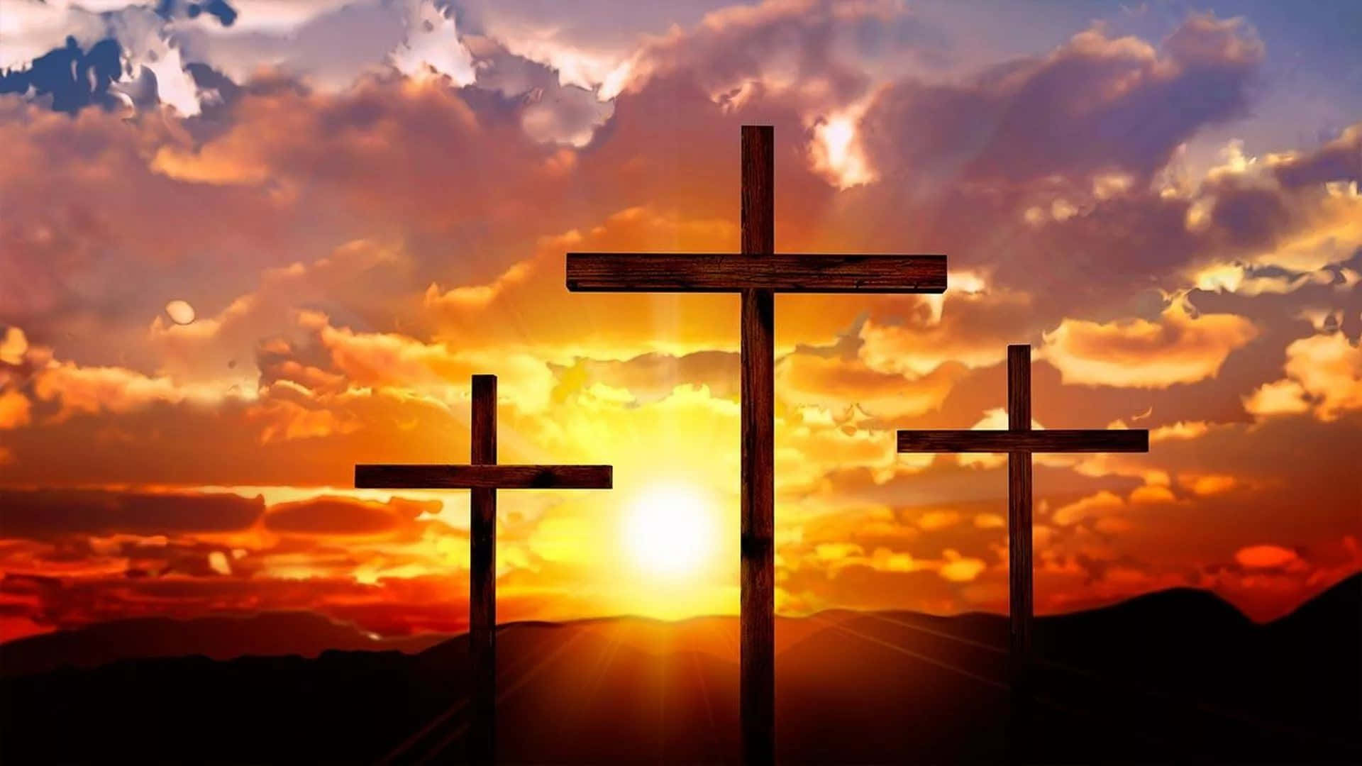 Christian Desktop, wooden crosses, sunset sky, Full HD Desktop Wallpaper