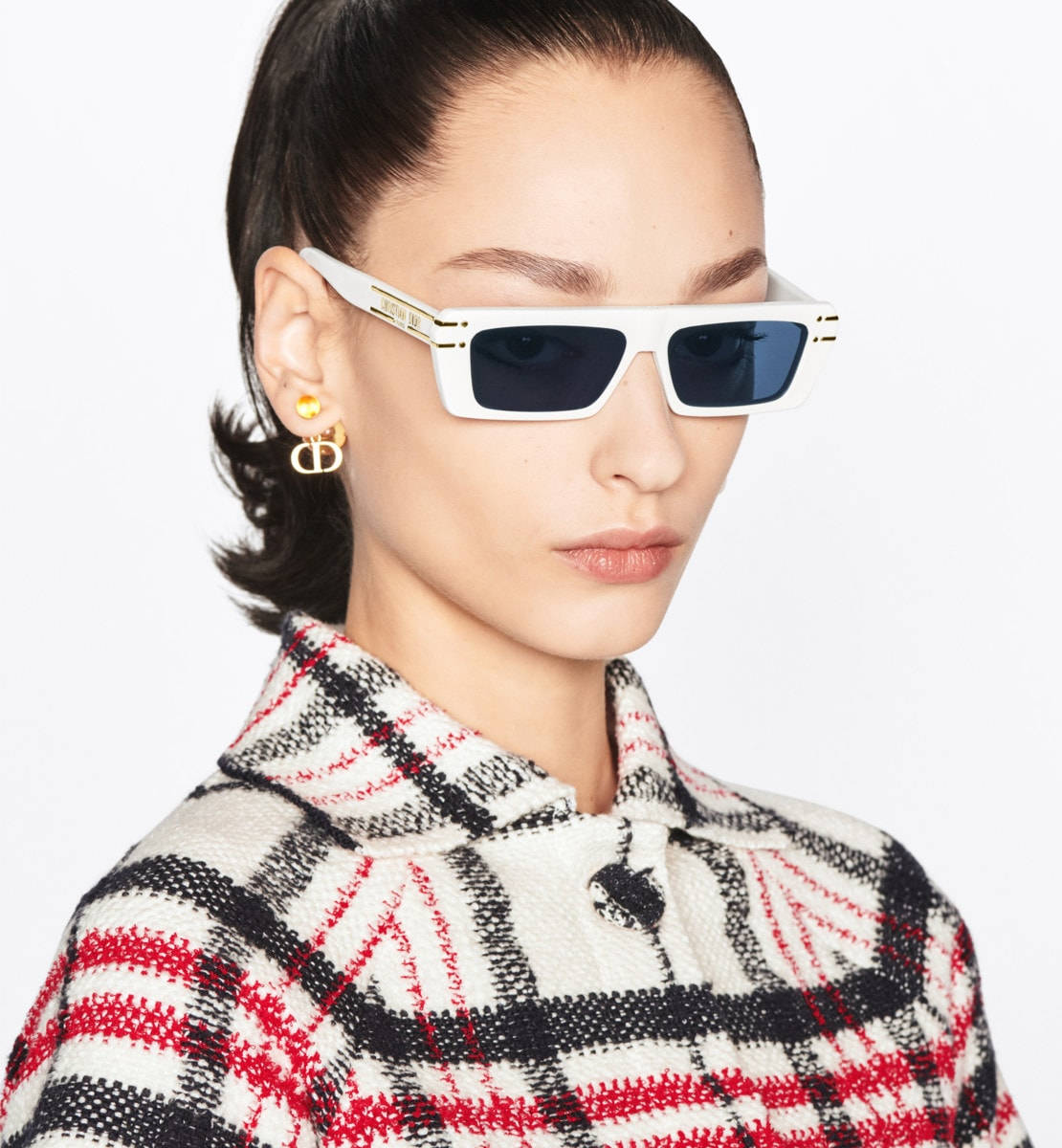 Christian Dior, white rectangular sunglasses, red black white plaid tweed jacket, SD Phone Wallpaper