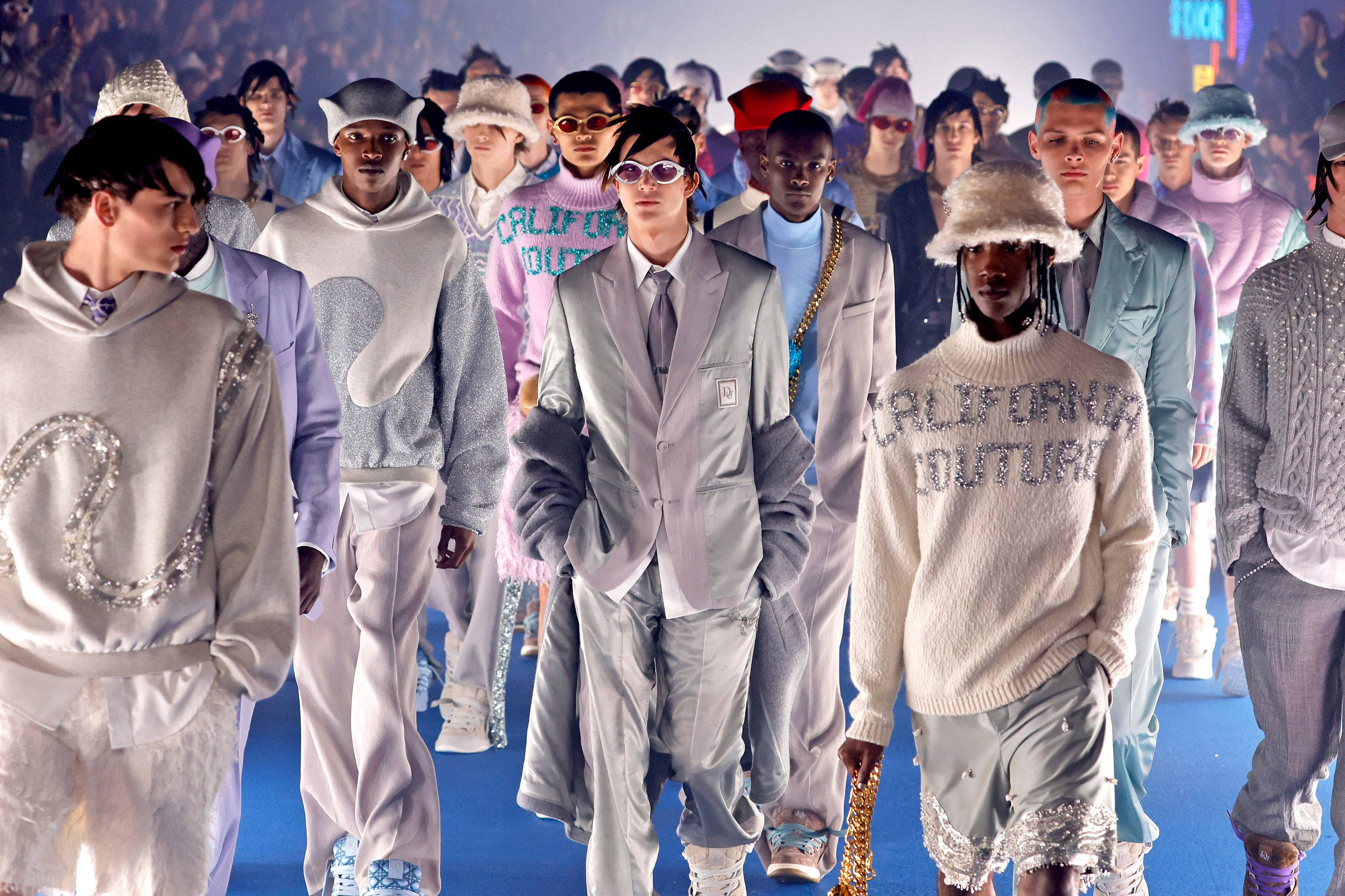 Christian Dior, blue runway, futuristic pastel outfits, 2K Desktop Wallpaper