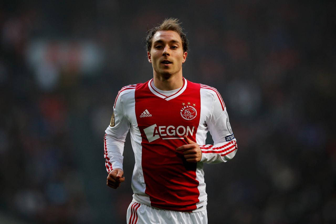 Christian Eriksen, red and white Ajax kit, stadium field, HD Desktop Wallpaper
