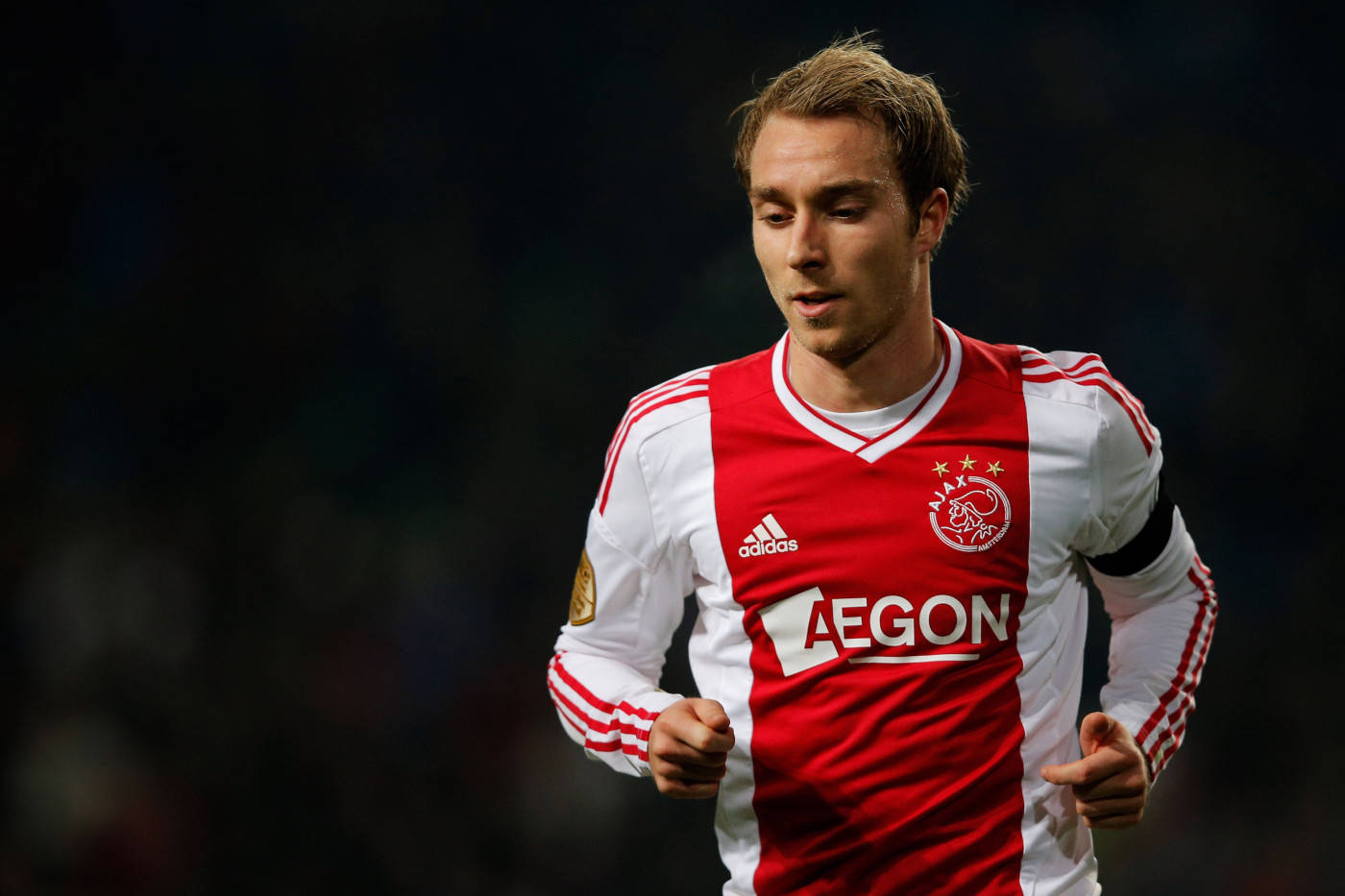 Christian Eriksen, red and white Ajax kit, night match, HD Desktop Wallpaper