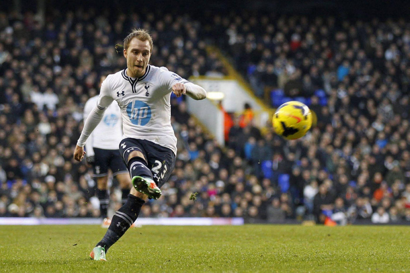Christian Eriksen, white jersey, yellow ball, HD Desktop Wallpaper