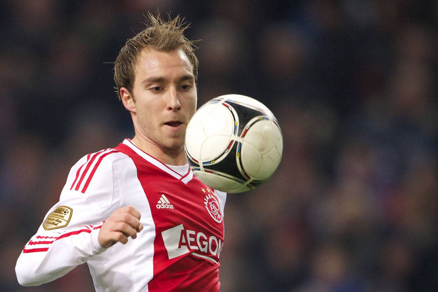 Christian Eriksen, red and white jersey, black and white ball, HD Desktop Wallpaper