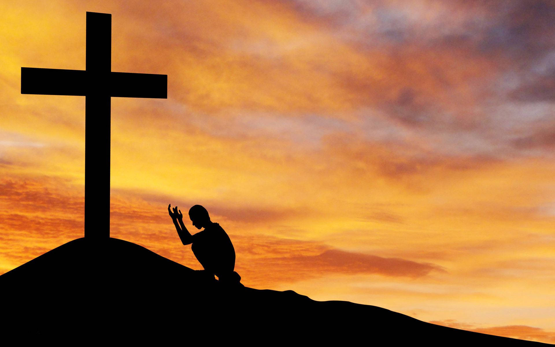 cross, person kneeling in prayer, hill, Full HD Desktop Wallpaper