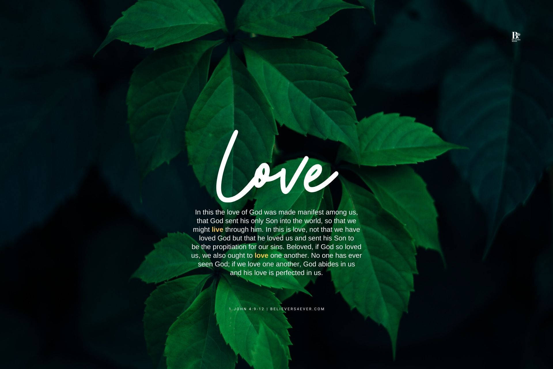 Christian God, green leaves, white script text, Full HD Desktop Wallpaper