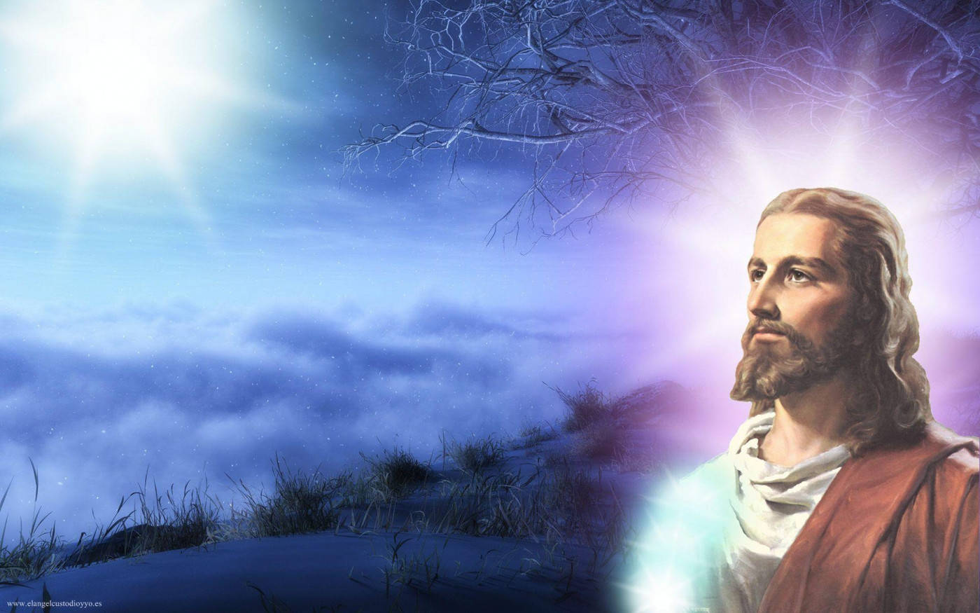 Christian God, snowy hill, starry twilight sky, HD Desktop Wallpaper