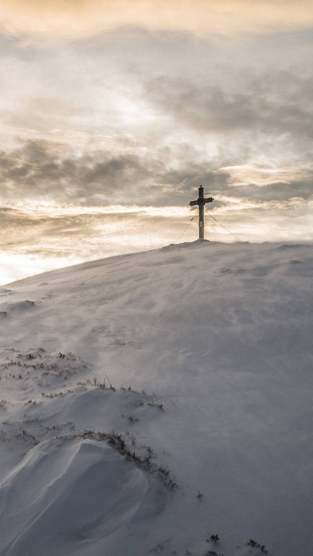 wooden cross, snow-covered hill, golden sunset sky, Full HD Phone Wallpaper
