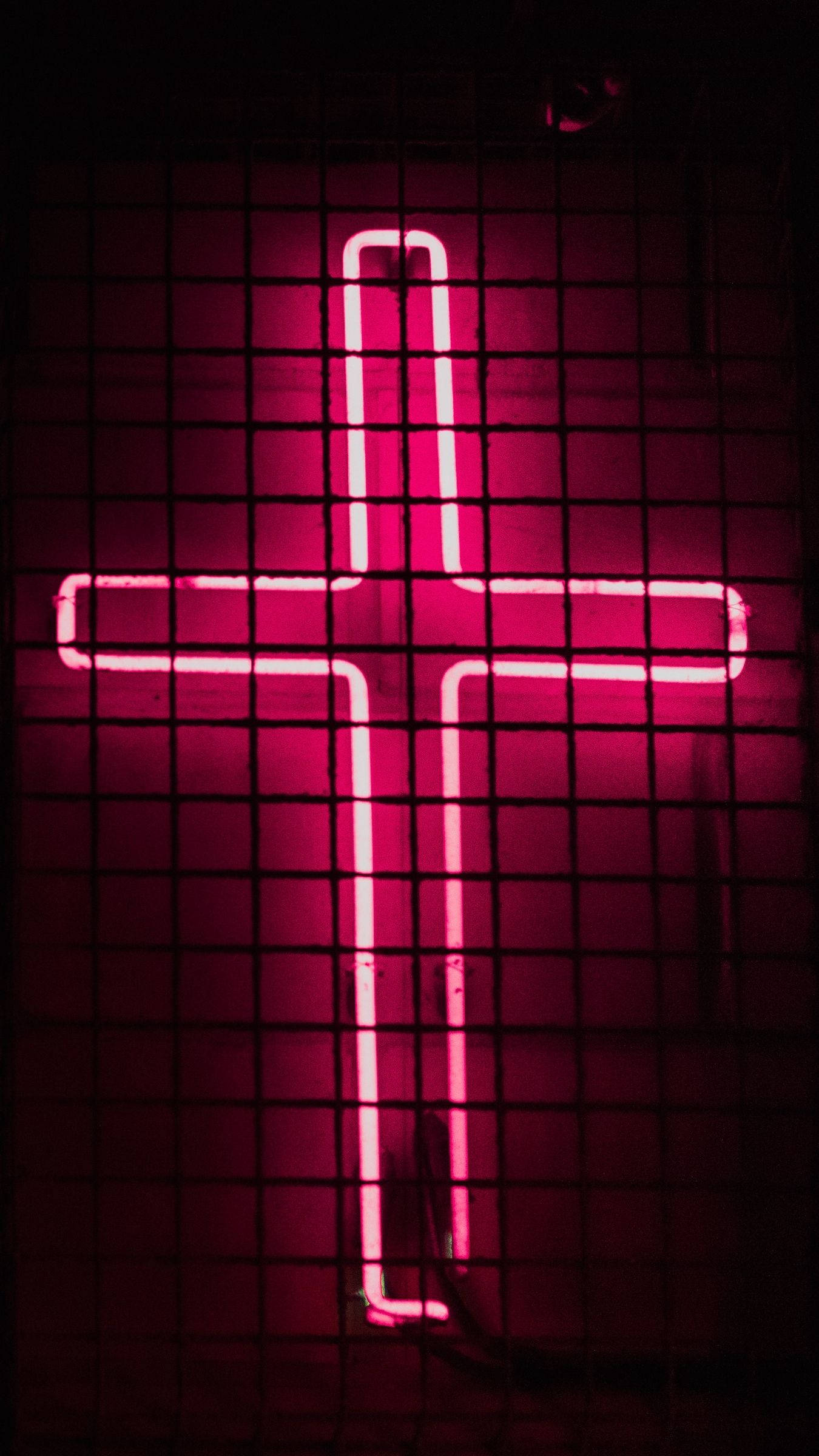 glowing neon cross, pink neon, dark grid fence, Full HD Phone Wallpaper