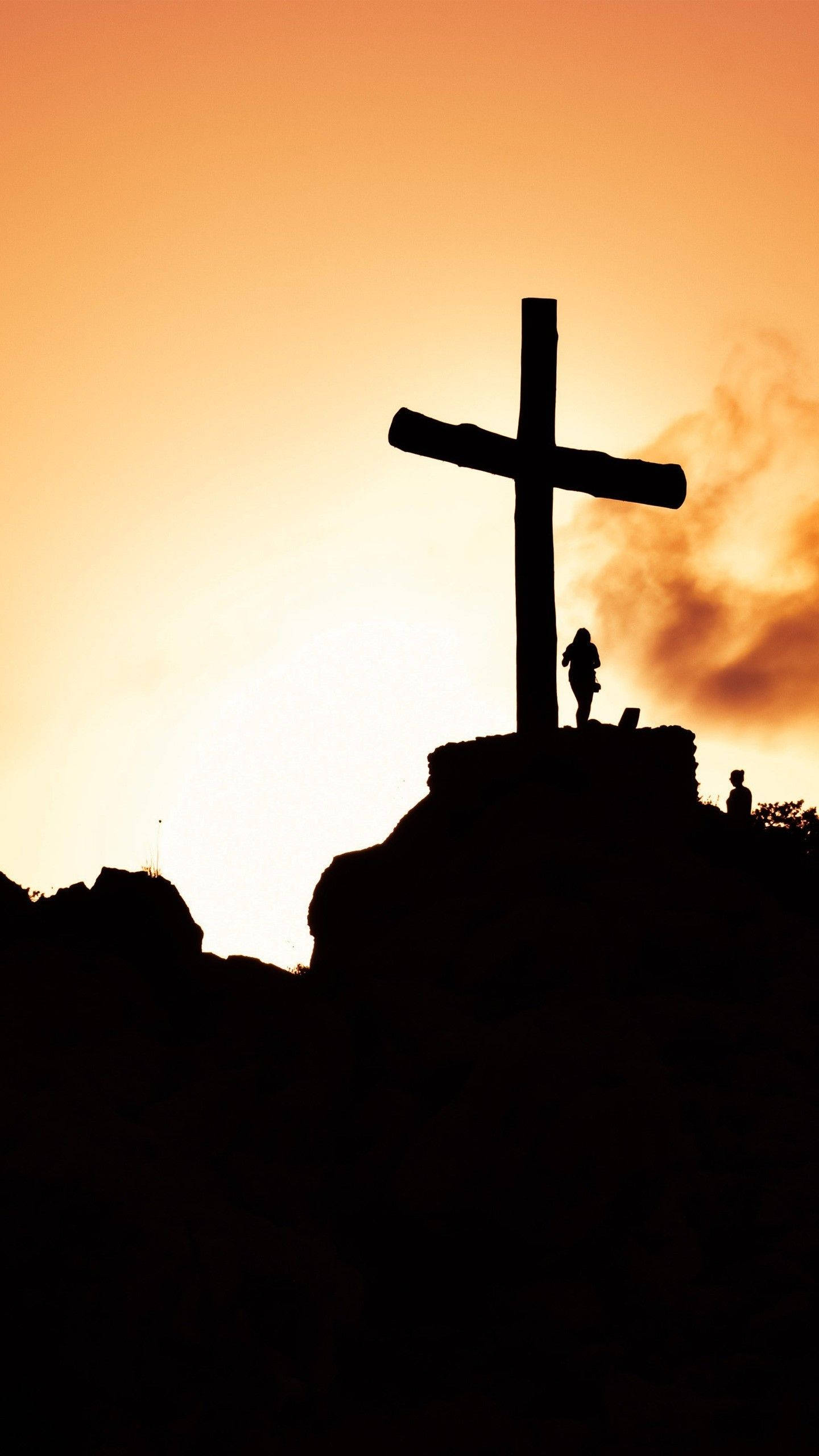 wooden cross, rocky hill, sunset, 2K Phone Wallpaper