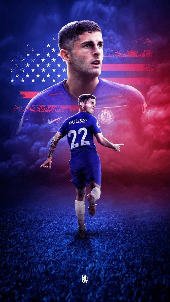 Christian Pulisic, blue Chelsea jersey, American flag, SD Phone Wallpaper