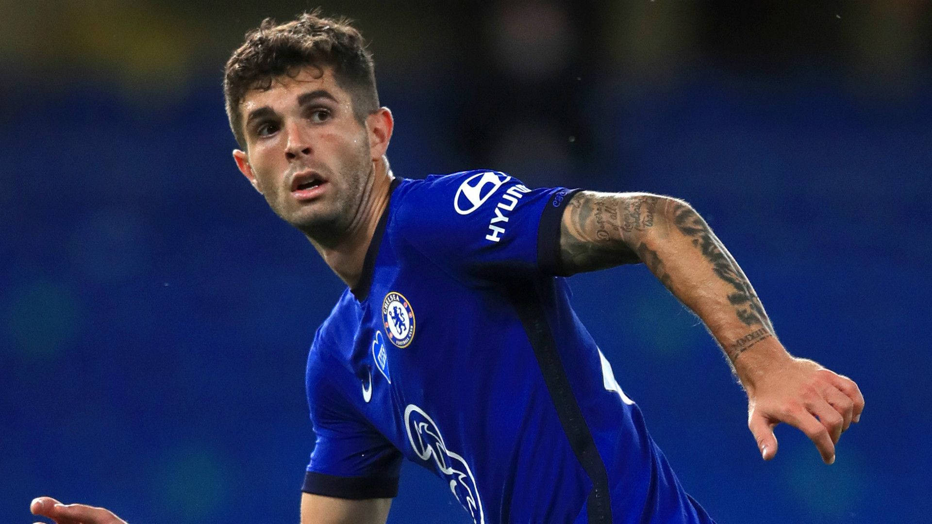 Christian Pulisic, blue Chelsea jersey, tattoos on his arm, Full HD Desktop Wallpaper