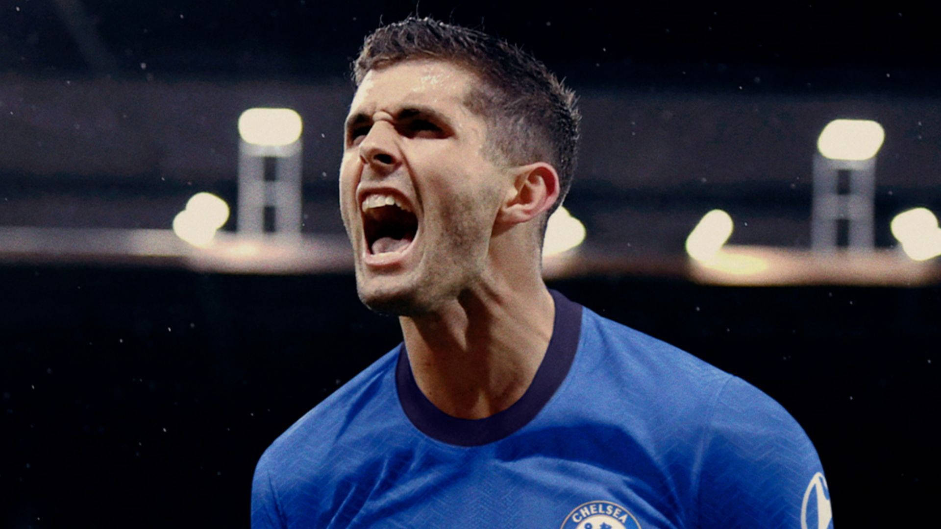 Christian Pulisic, blue Chelsea jersey, stadium lights, Full HD Desktop Wallpaper