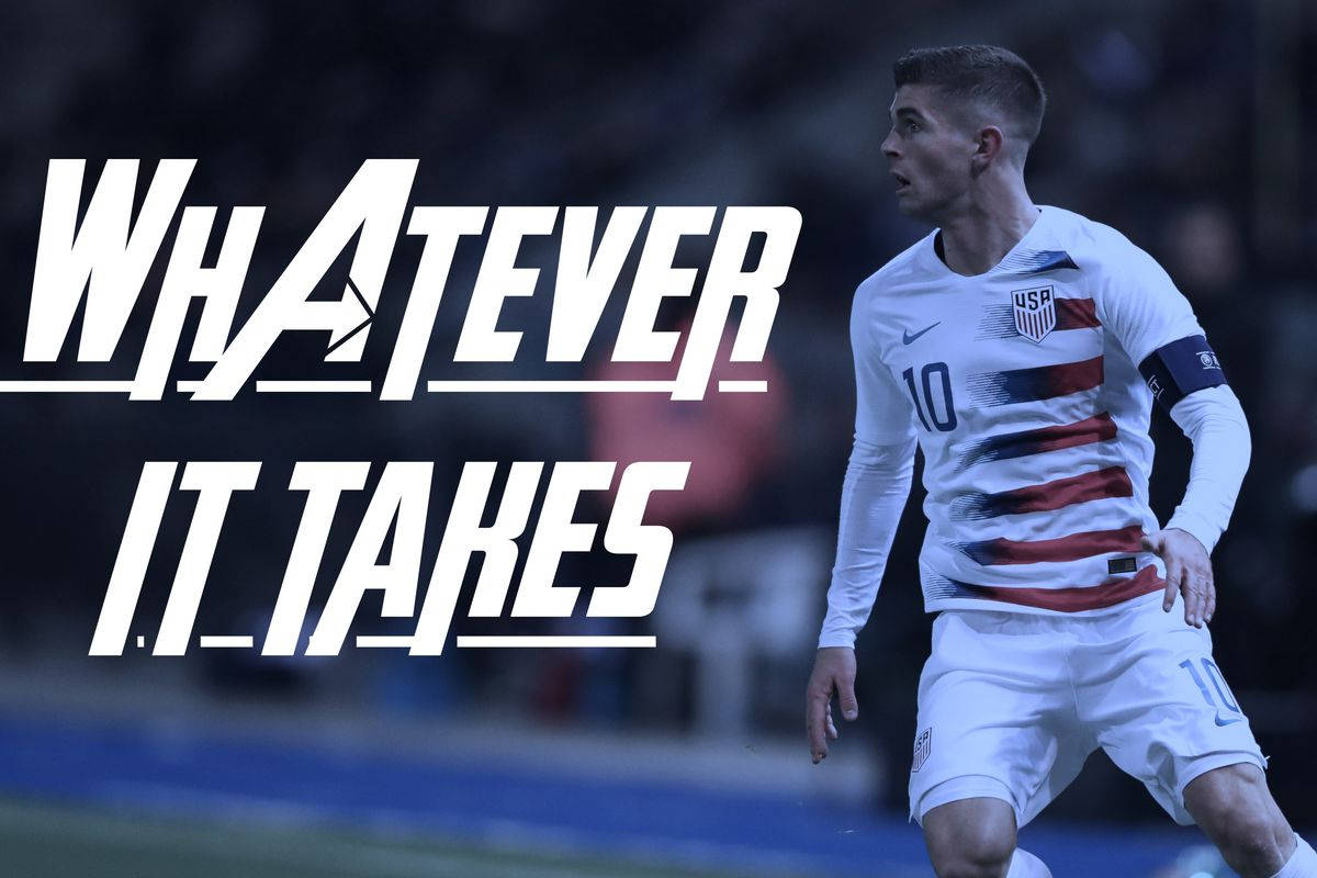 Christian Pulisic, white jersey with red stripes, stadium lights, SD Desktop Wallpaper