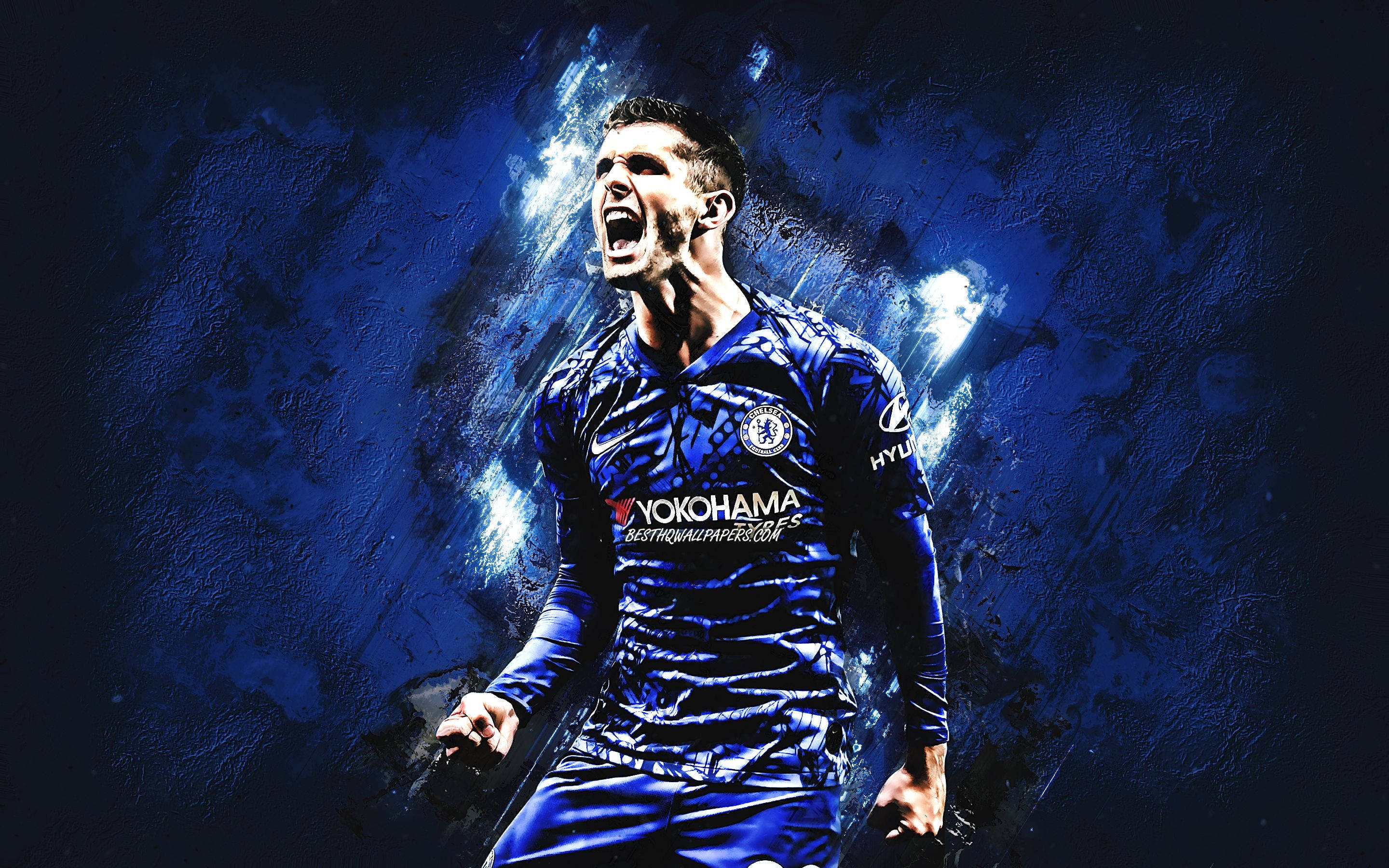 Christian Pulisic, blue Chelsea jersey, dynamic blue textured background, 2K Desktop Wallpaper