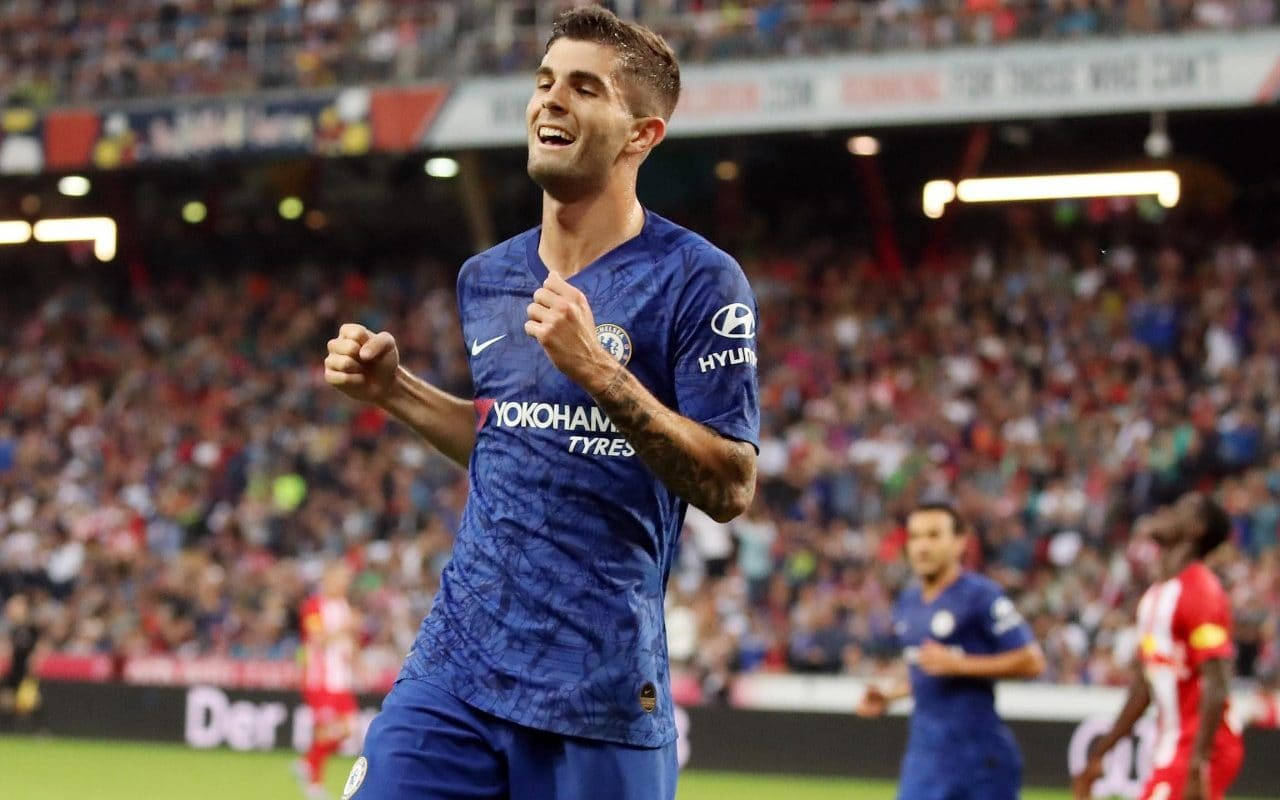 Christian Pulisic, blue Chelsea jersey, stadium pitch, HD Desktop Wallpaper