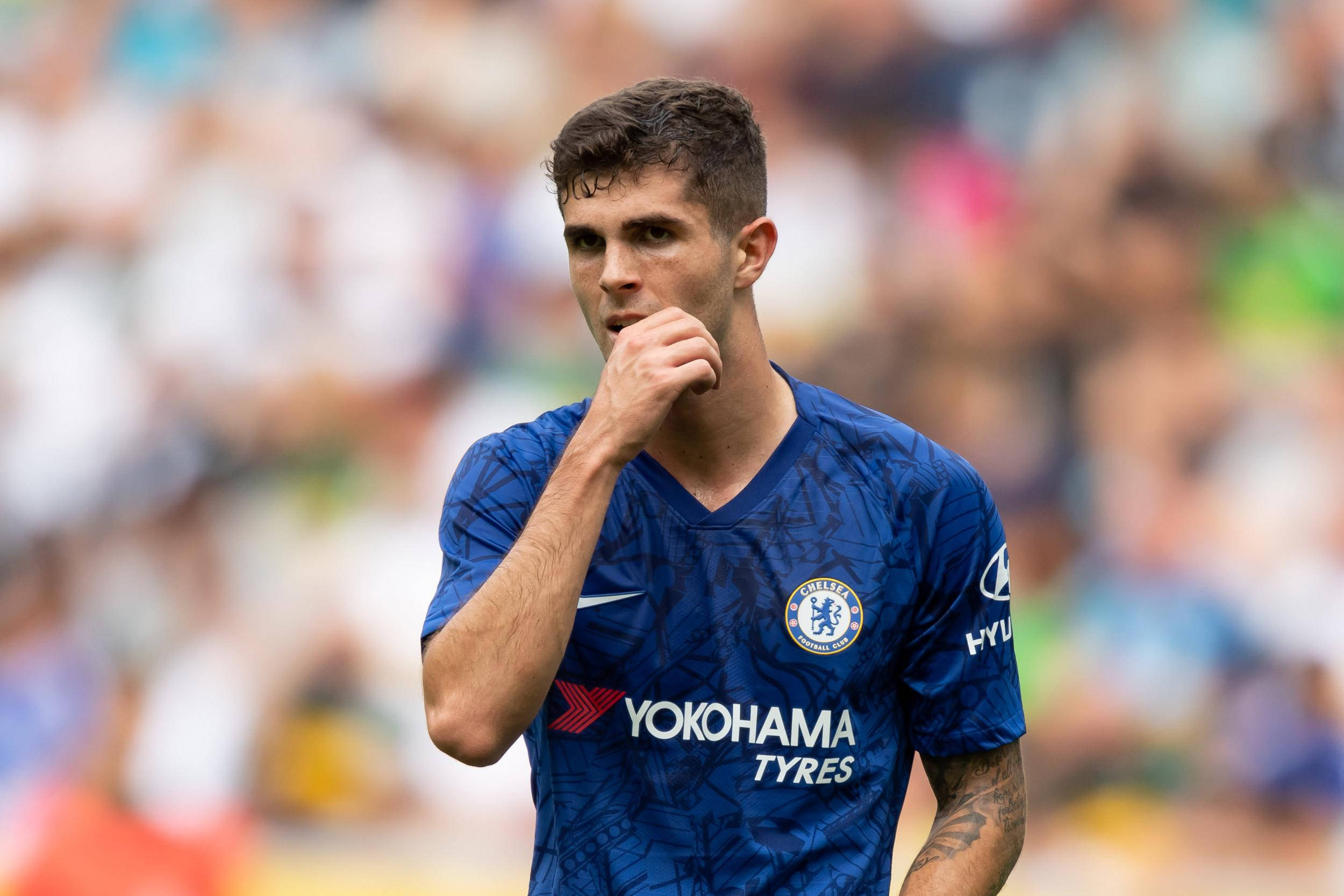 Christian Pulisic, blue Chelsea jersey, sunlit field, Full HD Desktop Wallpaper