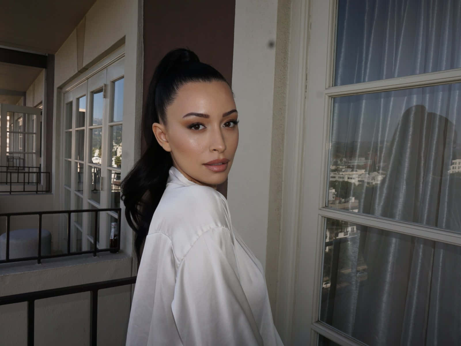 Christian Serratos, white blouse, balcony, HD Desktop Wallpaper