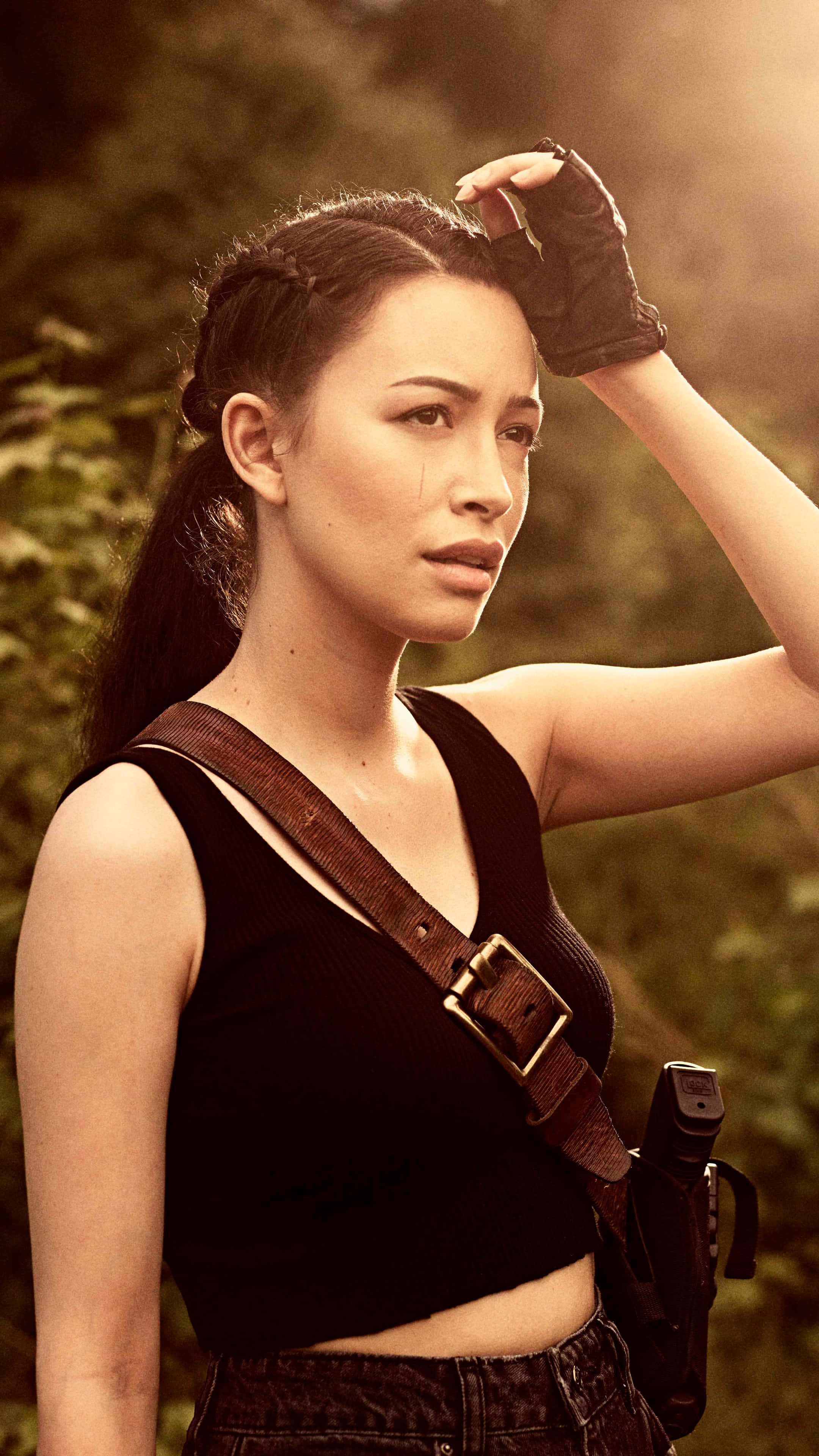 Christian Serratos, black crop top, gloves, 4K Phone Wallpaper